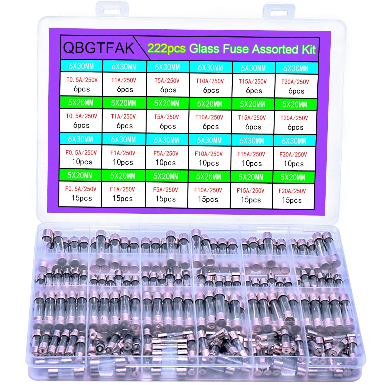 QBGTFAK 24 Values 222pcs 250V Fast Slow Blow Glass Fuses Assorted Kit 6X30MM 250V T 0.5A, 1A, 5A, 10A, 15A, 20A, 5X20MM F 0.5A, 1A, 5A, 10A, 15A, 20A, packag in a Clear Plastic Box