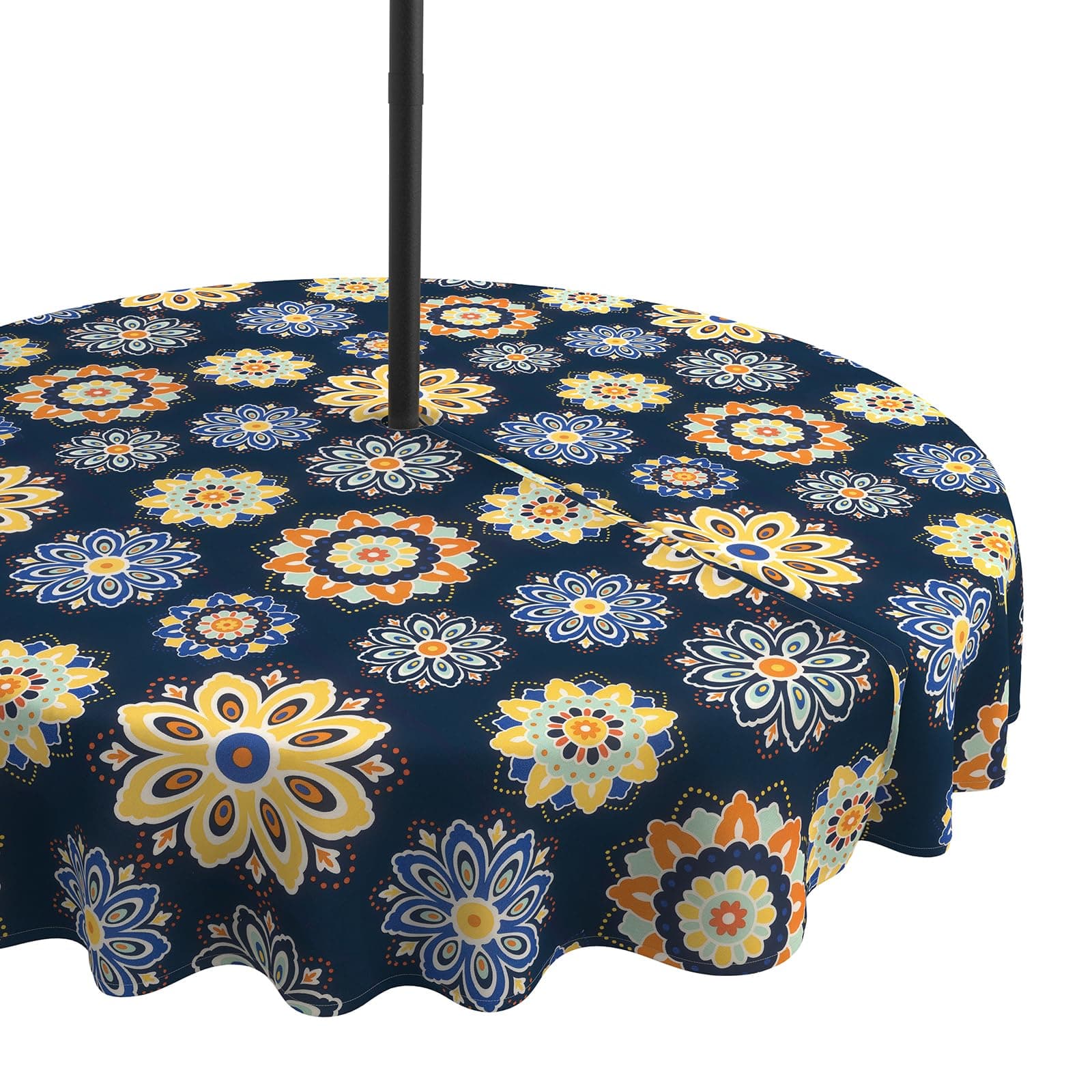 LVTXIII Round Outdoor Tablecloth with Zipper Umbrella Hole, Water-Repellent 60 Inch Patio Table Cover for Bistro, Garden, Patio & Picnic, Bloom Cobalt