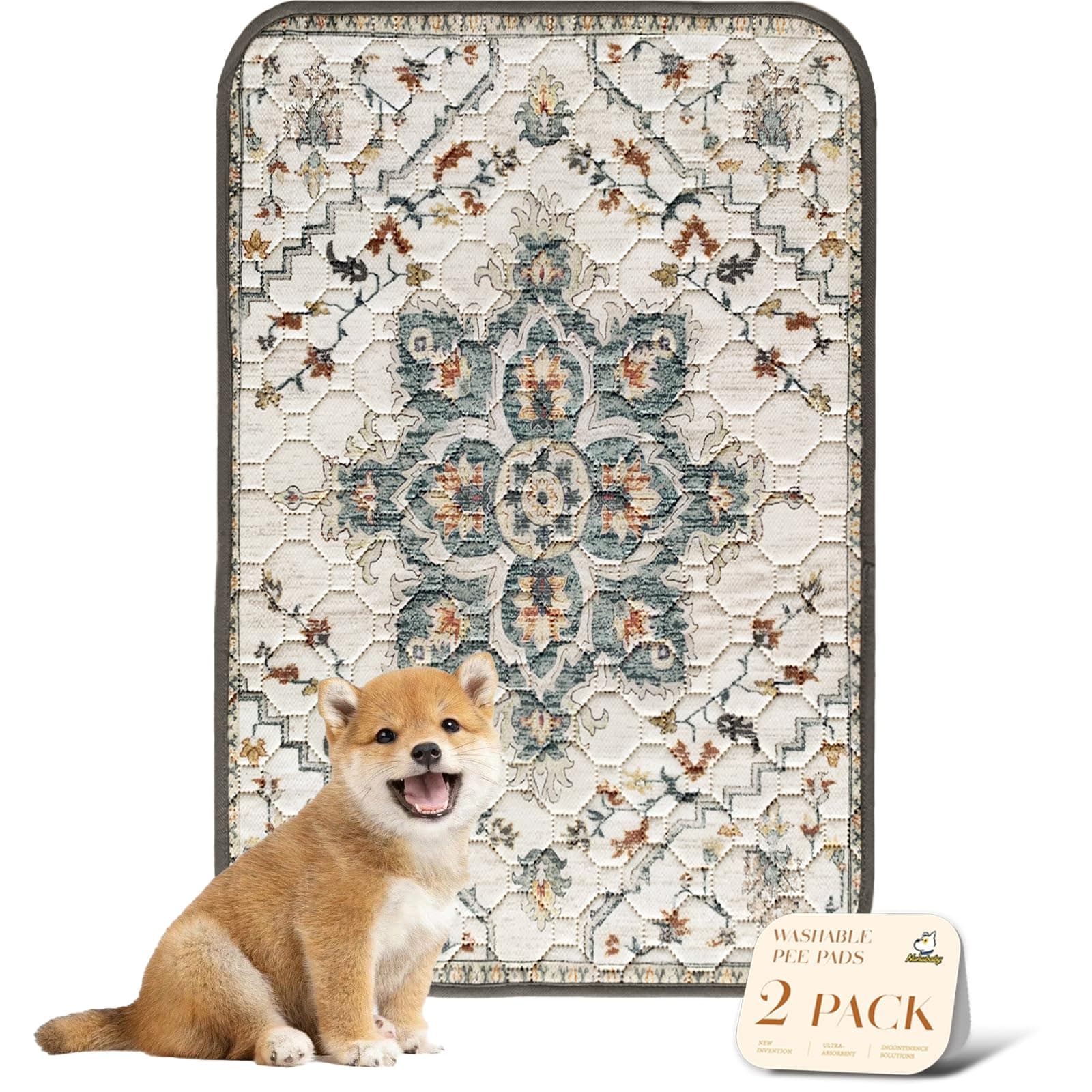nunubaby Washable Pee Pads for Dogs, Stylish, Non-Slip and Leak-Proof Pee Pads. Reusable Potty Pads for Dogs for Crates and Floors.(Beige/Floral, 24" x36")