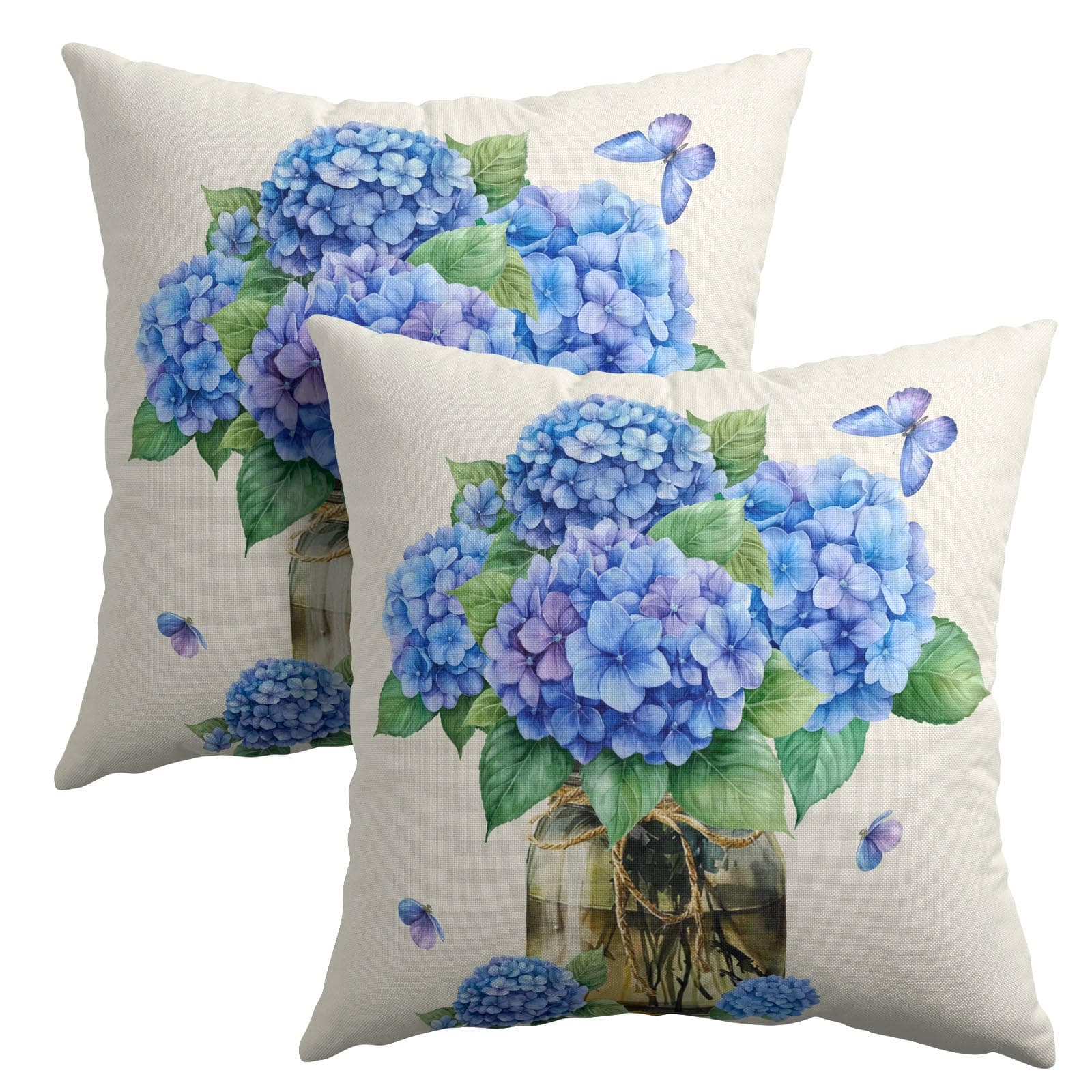 Anyako Spring Blue Floral Butterflies Throw Pillow Covers 20X20 Inches Set of 2 Blue Hydrangea Mason Jar Pillowcase Soft Cotton Linen Square Spring Cushion Covers for Home Sofa Patio Bedroom