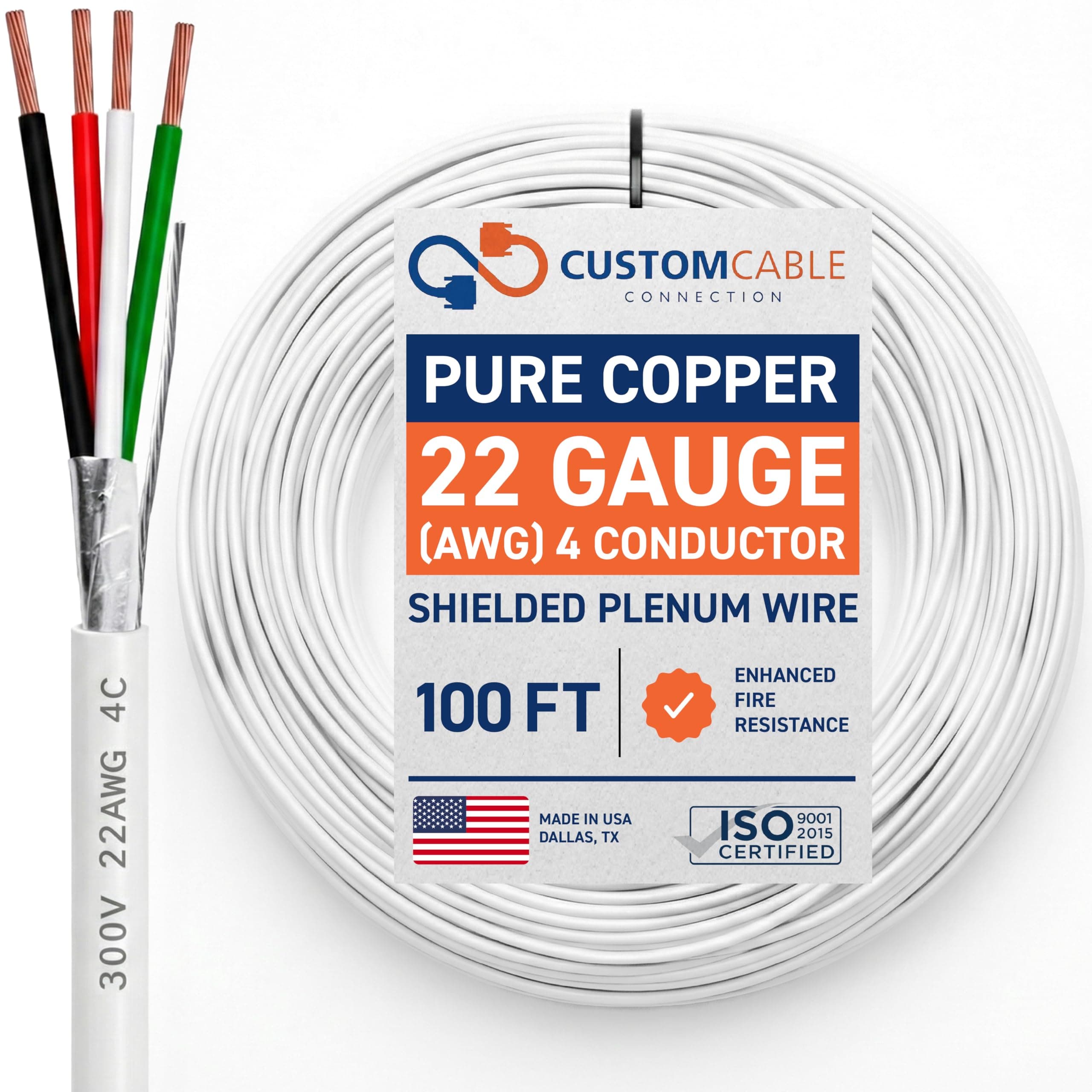 22 Gauge Wire (22 AWG) - 4 Conductor Stranded Copper Shielded Cable - UL Listed 22/4 Home Electrical Wire - Low Voltage Up to 300V - CMP/CL3P Low Smoke Plenum Jacket - USA Made (100ft - White)