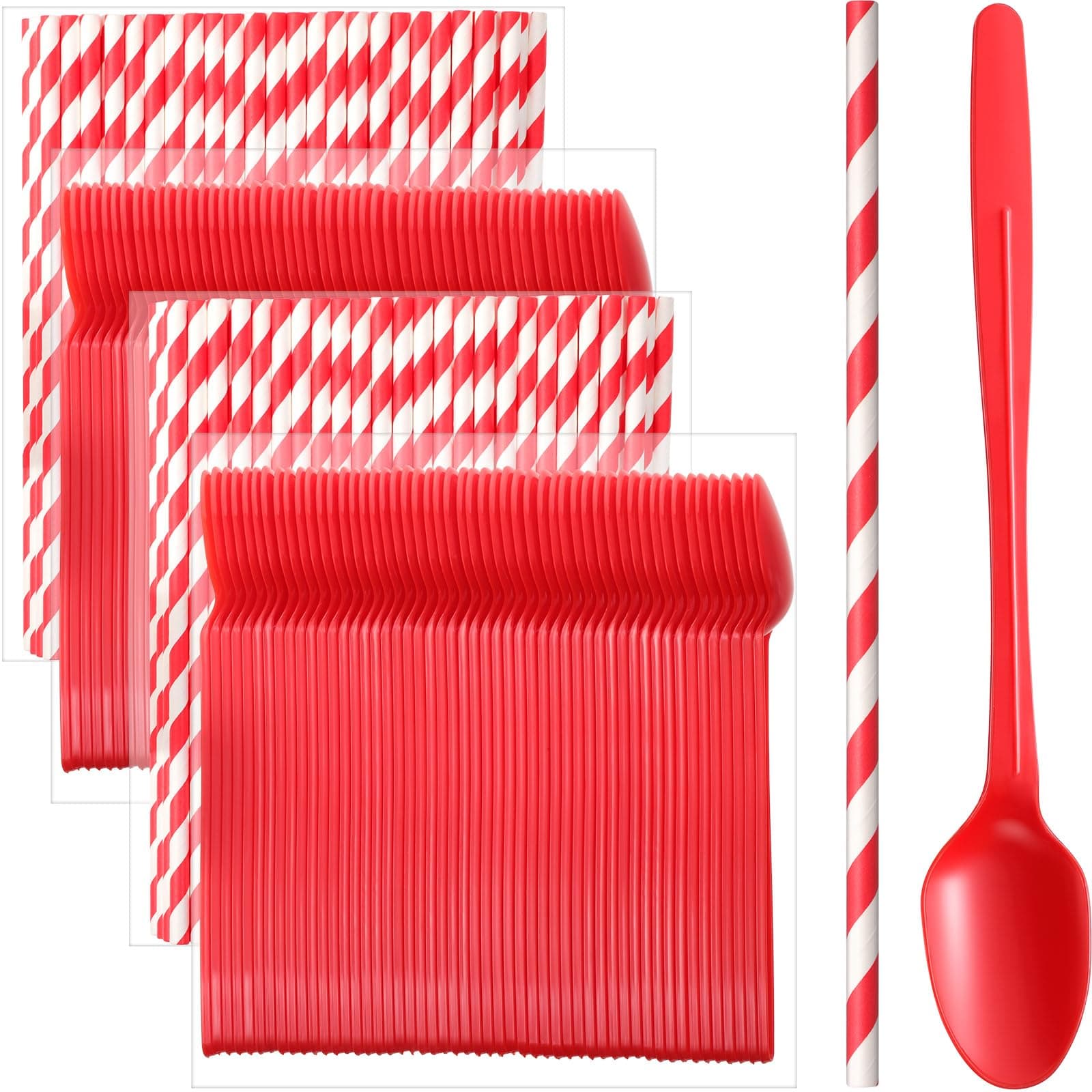 Potchen 200 Sets 8.27 Inch Disposable Red Plastic Long Spoon and Red Paper Straws Heavy Duty Plastic Utensils Party Supply for Ice Cream, Milkshakes, Stirring Cocktails and Tall Ice Beverages