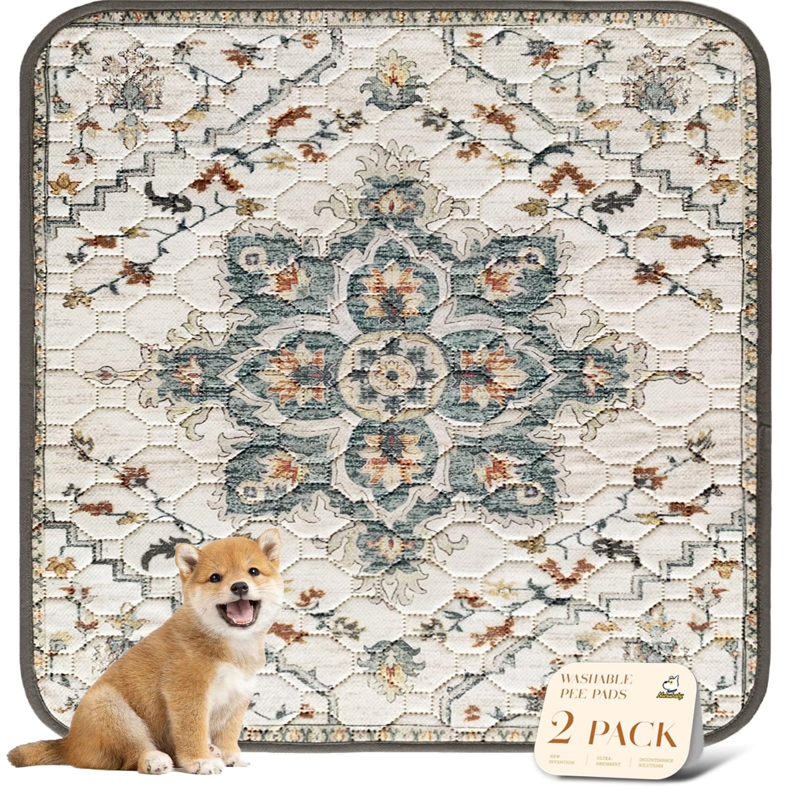 nunubaby Washable Pee Pads for Dogs, Stylish, Non-Slip and Leak-Proof Pee Pads. Reusable Potty Pads for Dogs for Crates and Floors.(Beige/Floral, 36" x36")