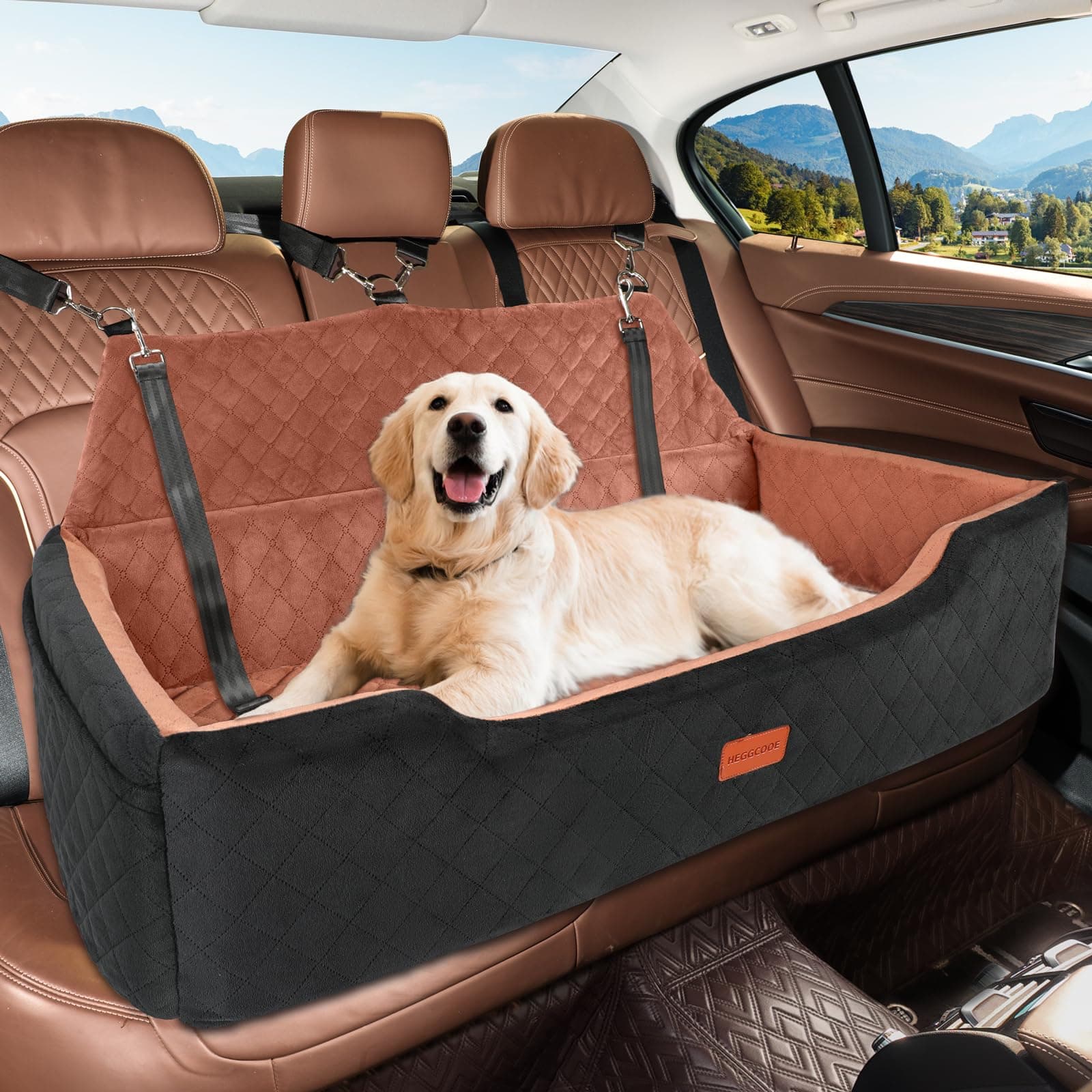 Large Dog Car Seat Under 100 lbs, Washable Dog Car Bed for 2 Medium Dogs, Detachable Pet Booster Seat with Storage Pocket and Leashes for Back Seat (Black/Brown)