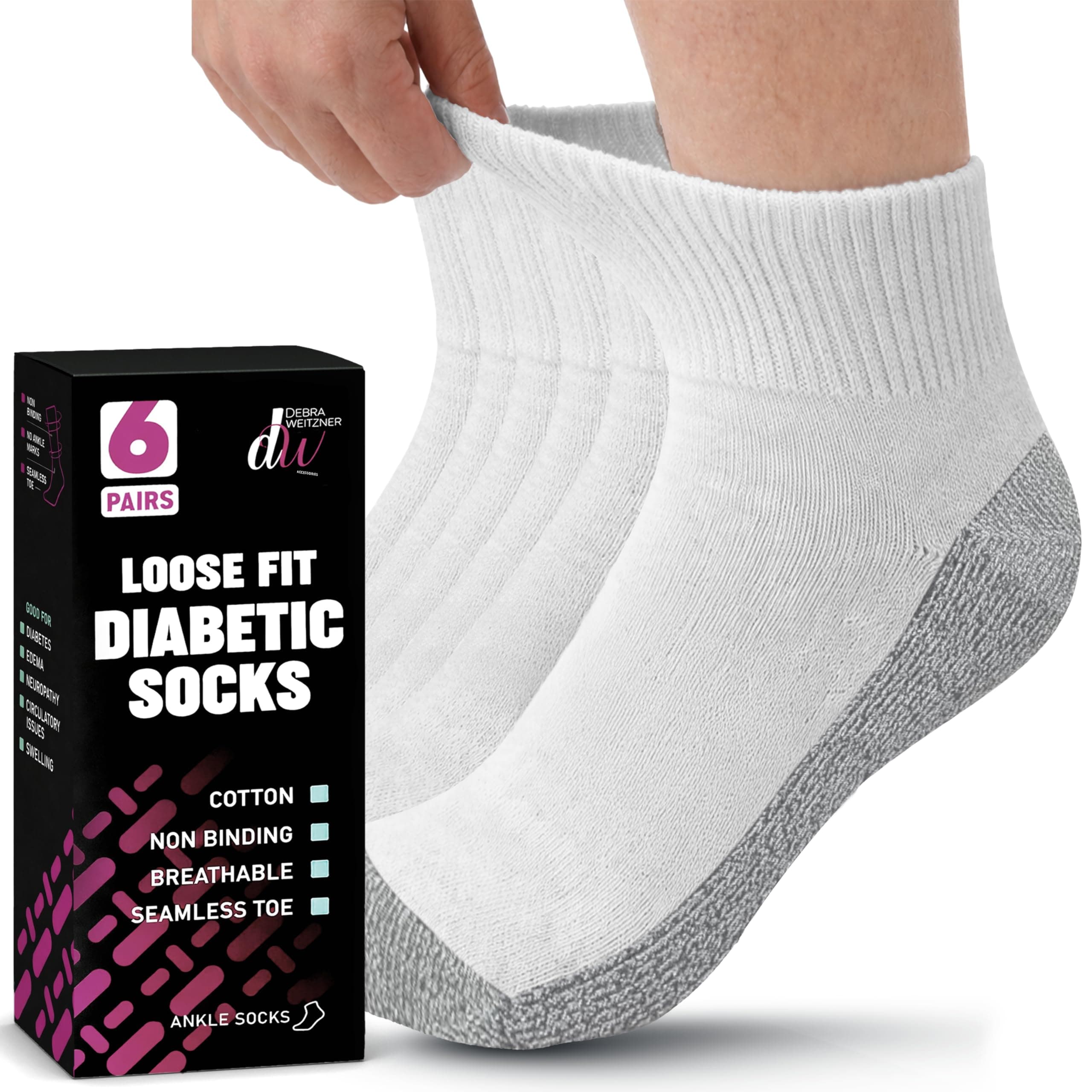 6 Pairs Diabetic Ankle Socks Reinforced Heel and Toe Non-Binding Cushion Socks for Men and Women White/Grey Sole 9-11 Debra Weitzner