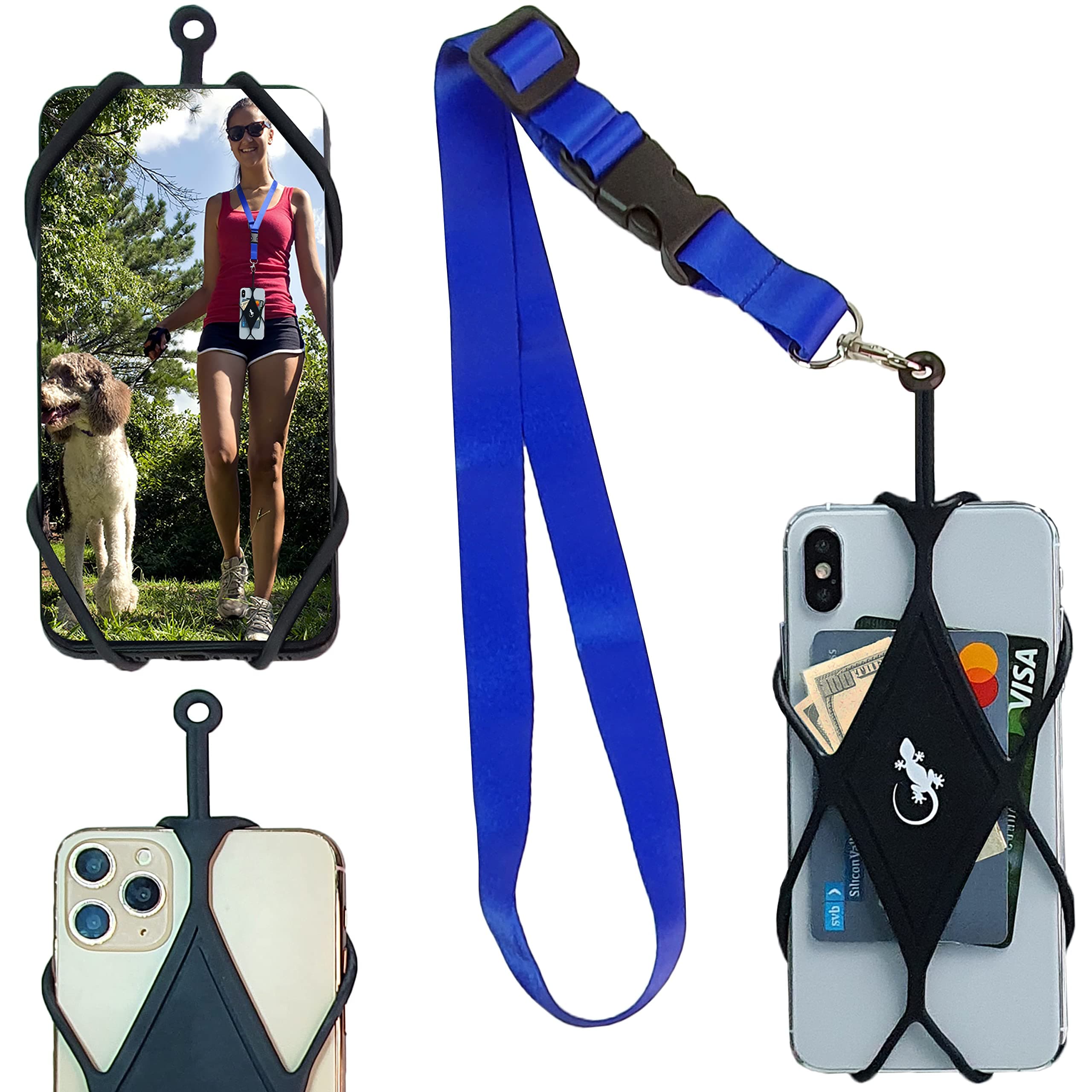 Cell Phone Holder for Walking with Universal Lanyard Phone Case for most Smartphones by Gecko Travel Tech (BLUE Neck - BLACK Diamond)