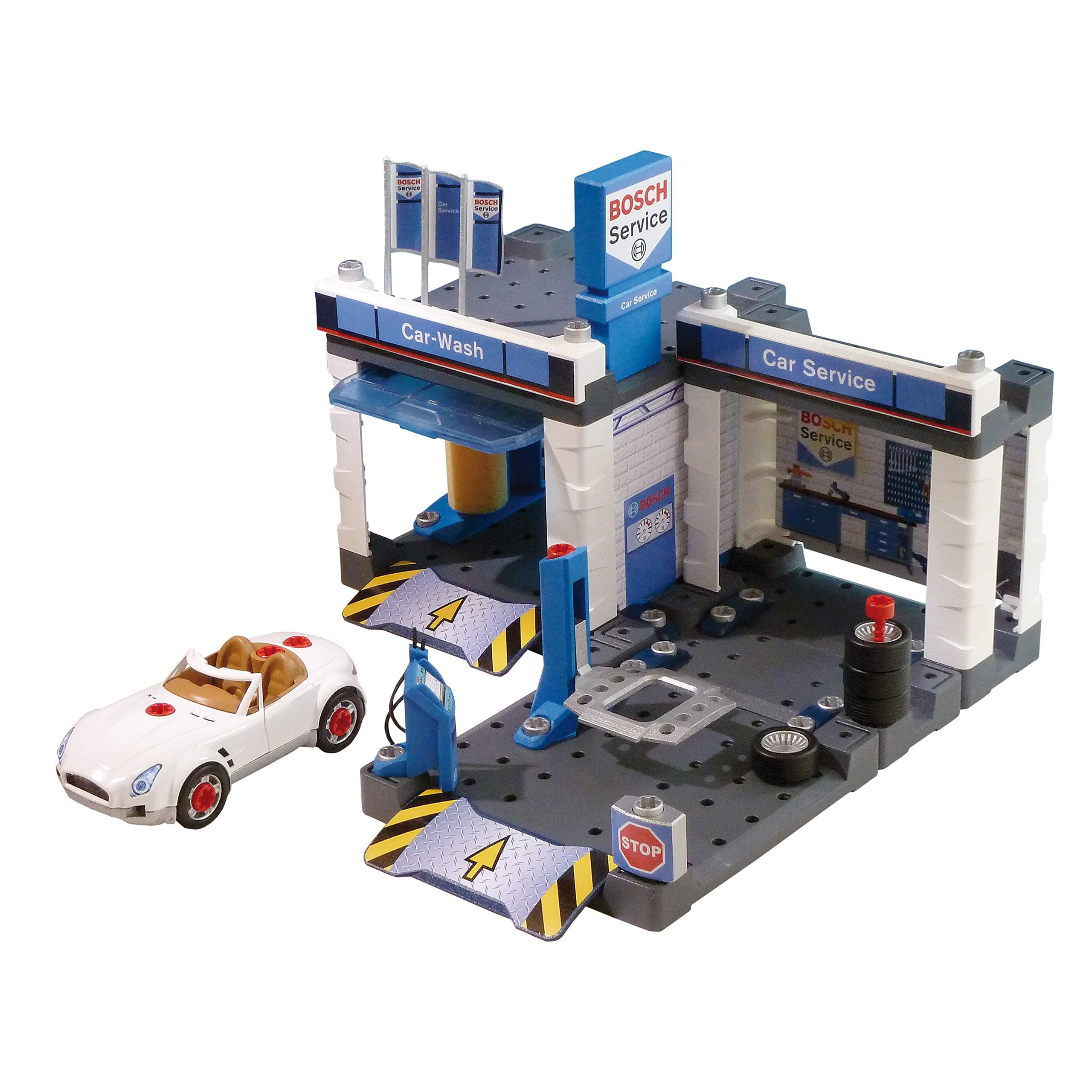 Theo Klein 8647 Bosch Petrol Station with Automatic Washing and Height-Adjustable Lifting Platform, Removable car included, Dimensions: 41 cm x 39 cm x 29 cm. For Children Aged 3 and Above