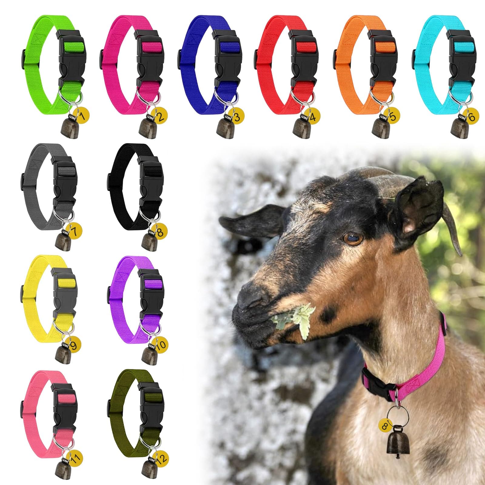 12 Pack Goat Collars with Bells and Number Tag,Adjustable Nylon Grazing Copper Bells with Pet Livestock Plastic ID Number Tags, Sheep Collars Set for Small Farm Animal Goat Sheep Cow