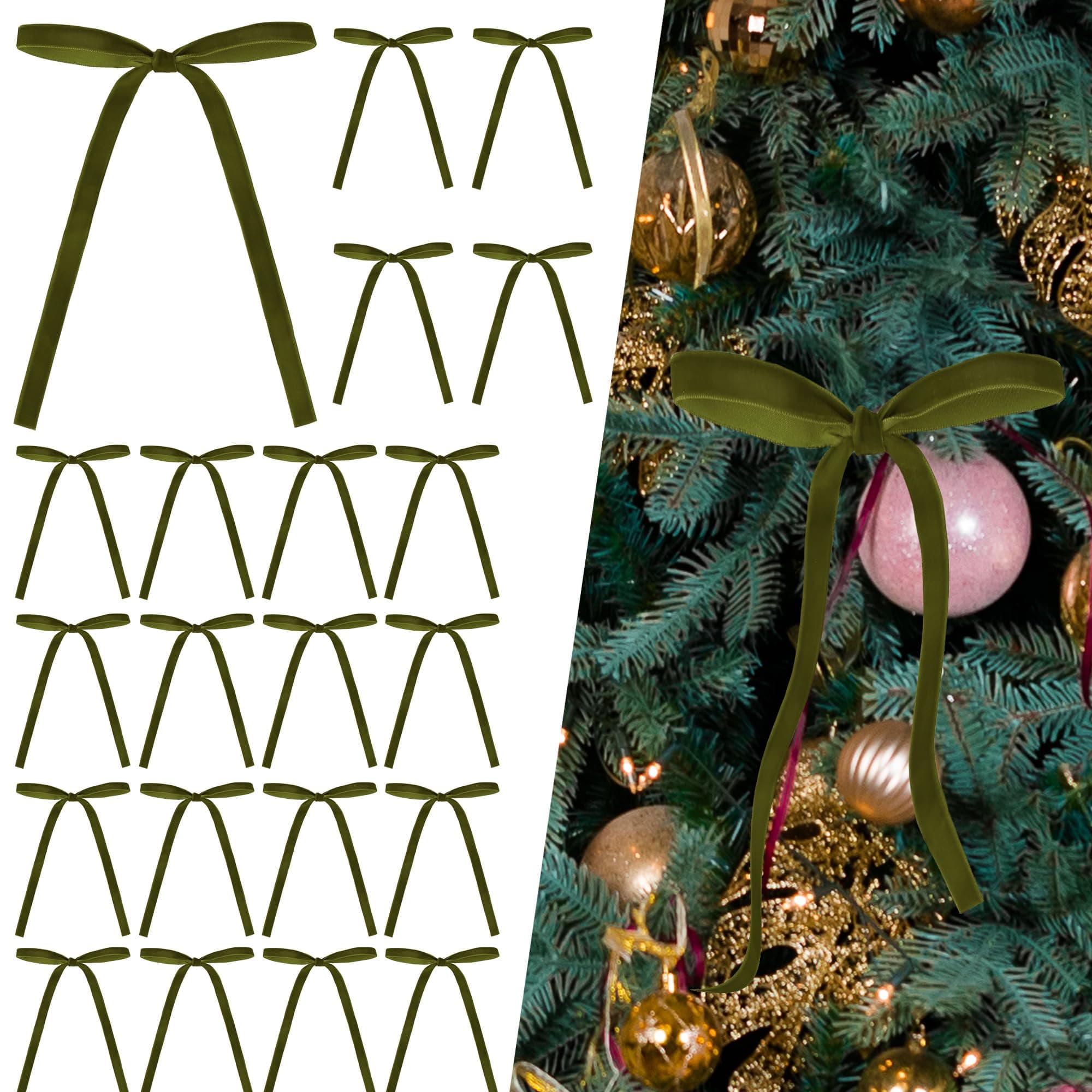 Sggvecsy 24 Pcs Christmas Bow Christmas Wreath Bows Velvet Ribbon Bows Small Xmas Tree Ornaments Gift Wrapping Xmas Decoration Handmade Crafts Gifts for Home Indoor Holiday Party (Olive Green)