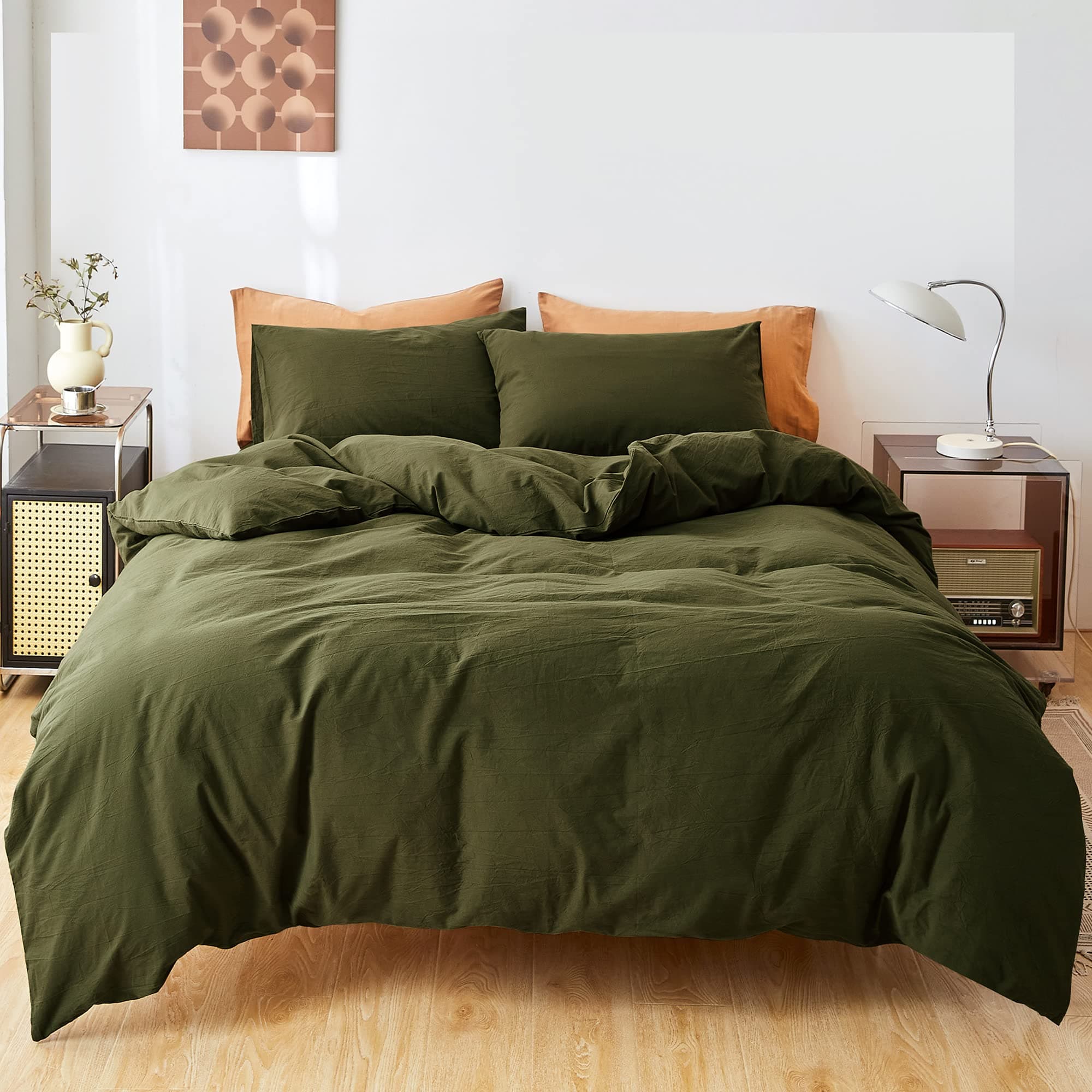 FANSTIVE Olive Green Cotton Duvet Cover Set Linen Feel, Queen