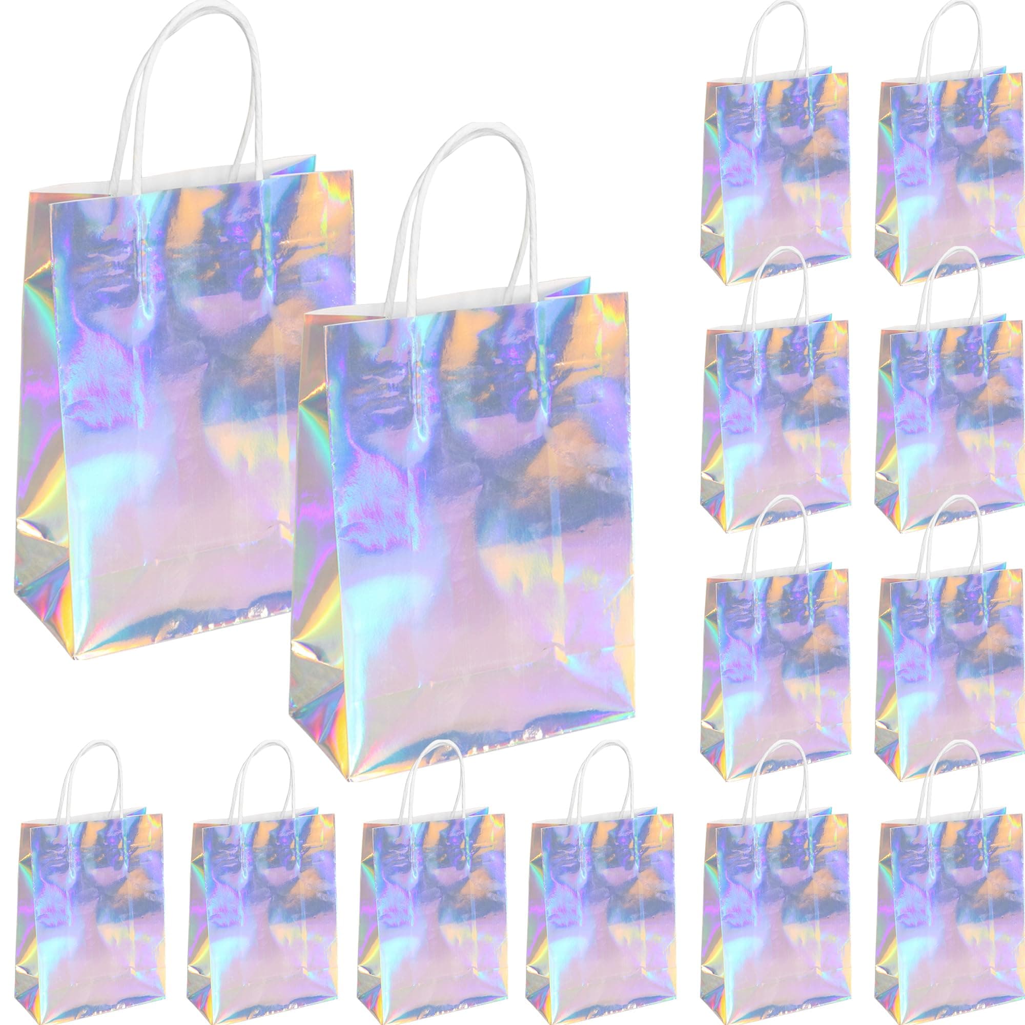 Hitkmi 24 Pcs Holographic Party Favor Bags, Silver Holographic Iridescent Paper Gift Bags with Handles for Birthday, Baby Shower, Wedding