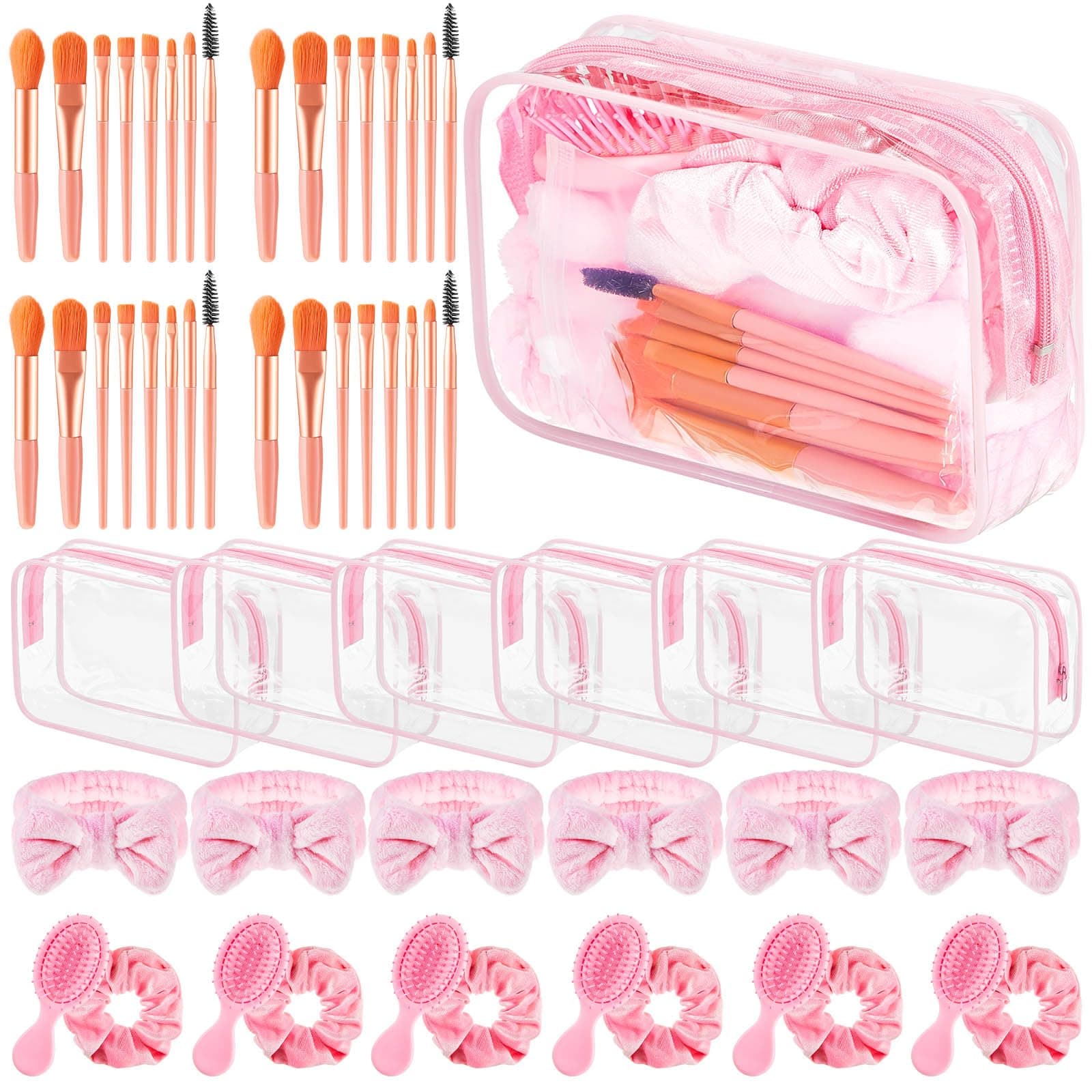 Daifunli Spa Party Favors for Women Travel Makeup Brush Bag Mini Hair Brushes Headband Scrunchies for Sleepover Bachelorette Wedding Bridal Shower Party Supplies Bridesmaid Gifts, pink