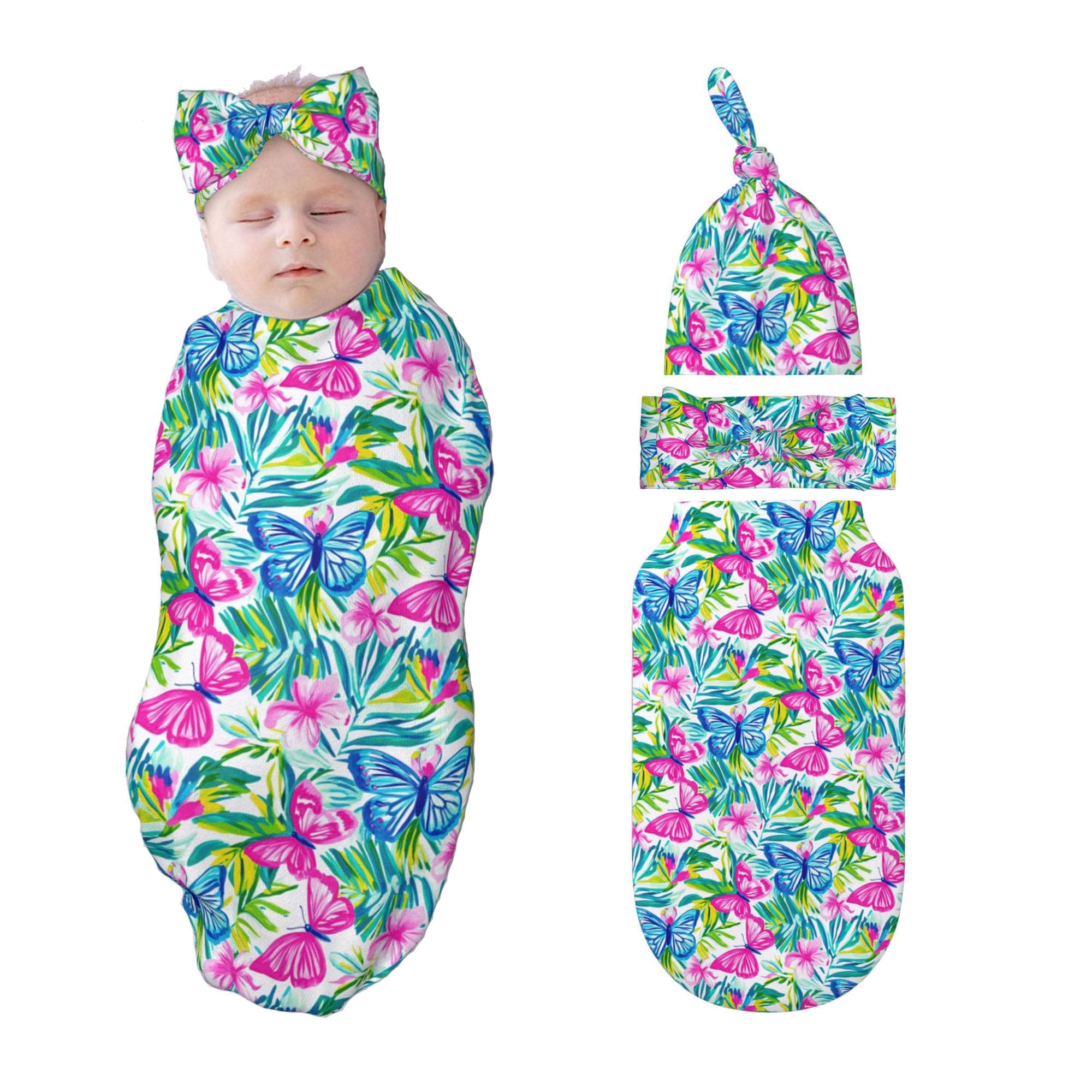 Figtihw Butterfly Baby Swaddle Blanket with Matching Headband and Hat Set Newborn Receiving Blanket Nursery Swaddle Wrap