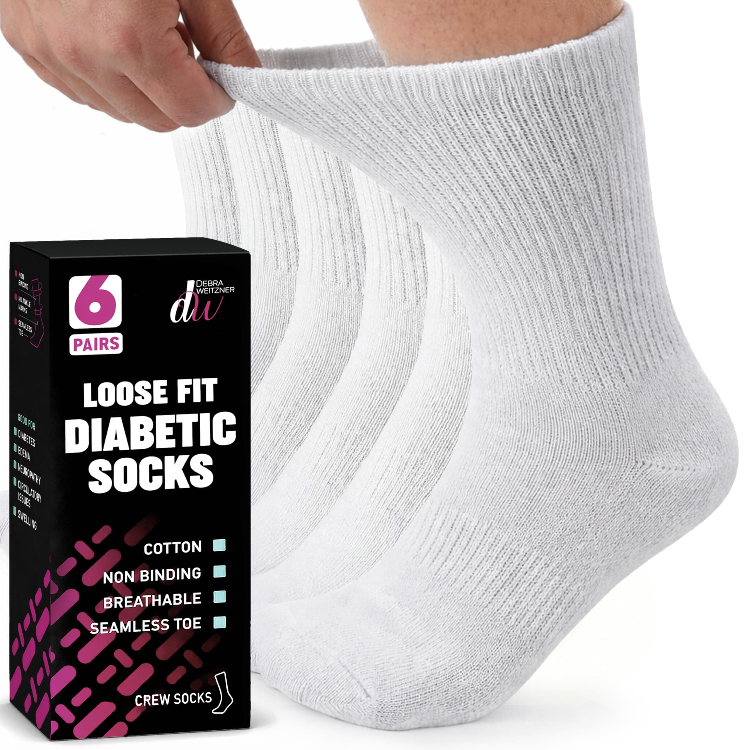 Diabetic Socks For Men and Women Loose Fit Non-Binding Cotton Crew Socks 6 Pairs