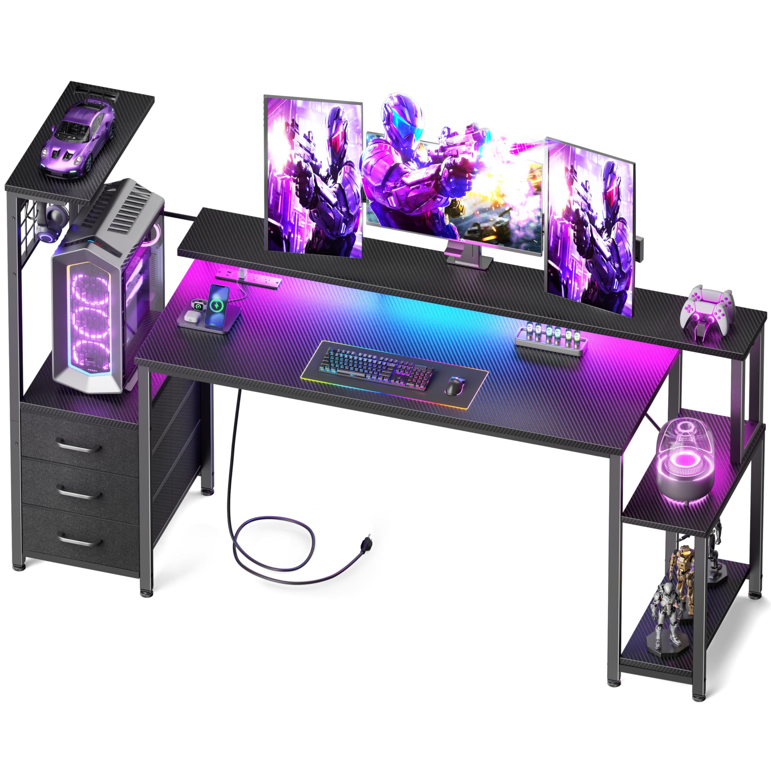 Korfile 63 Inch Gaming Desk with Bluetooth LED Lights & Power Outlets,Computer Desk with Fabric Drawers & Hooks,Reversible Gamer Table with Monitor Stand for Game Room,Home Office,Carbon Fiber Black