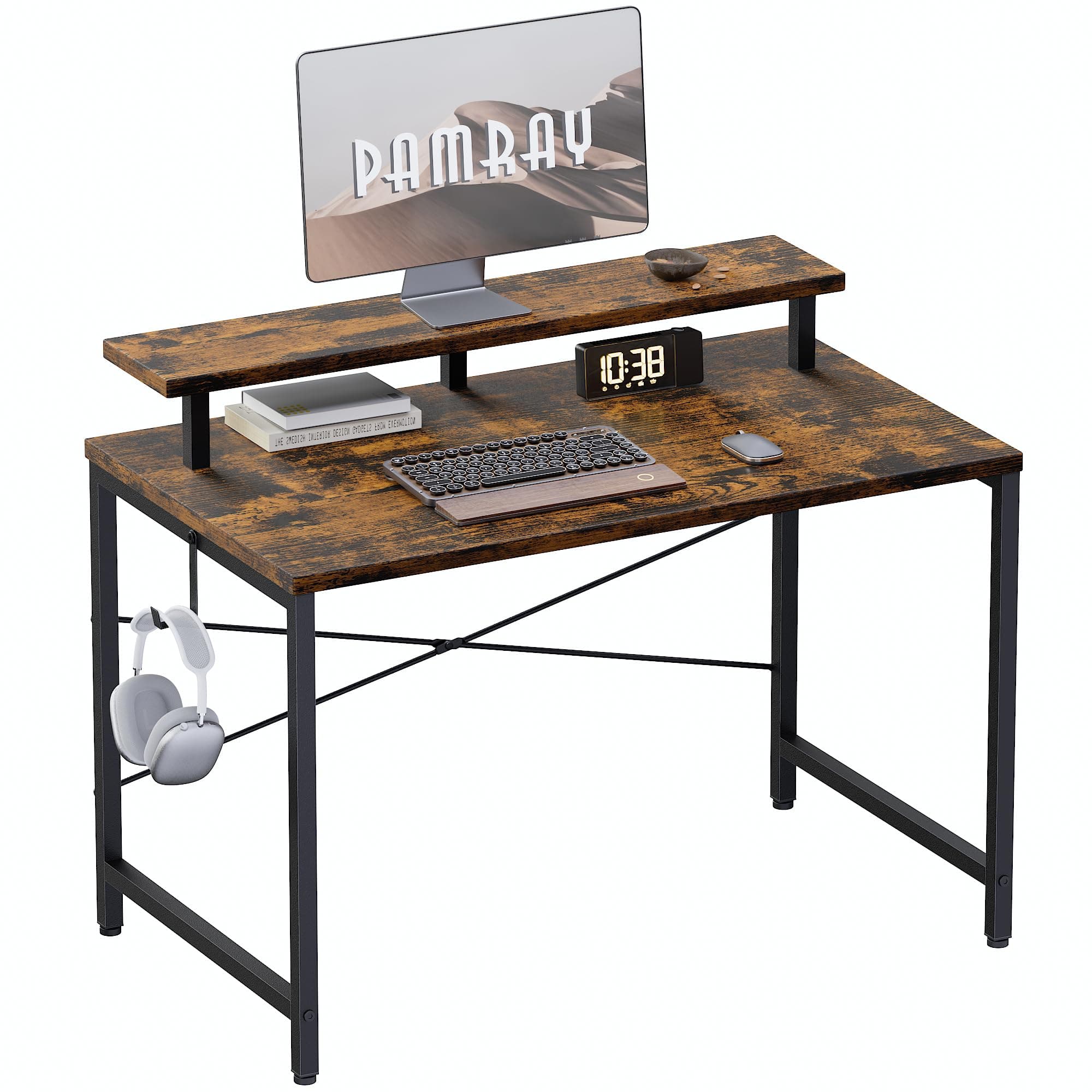 PAMRAY 32 Inch Small Computer Desk with Monitor Stand, Simple Office Desk with Headphone Hook for Small Spaces, Kids Study Writing Table for Bedroom, Vintage