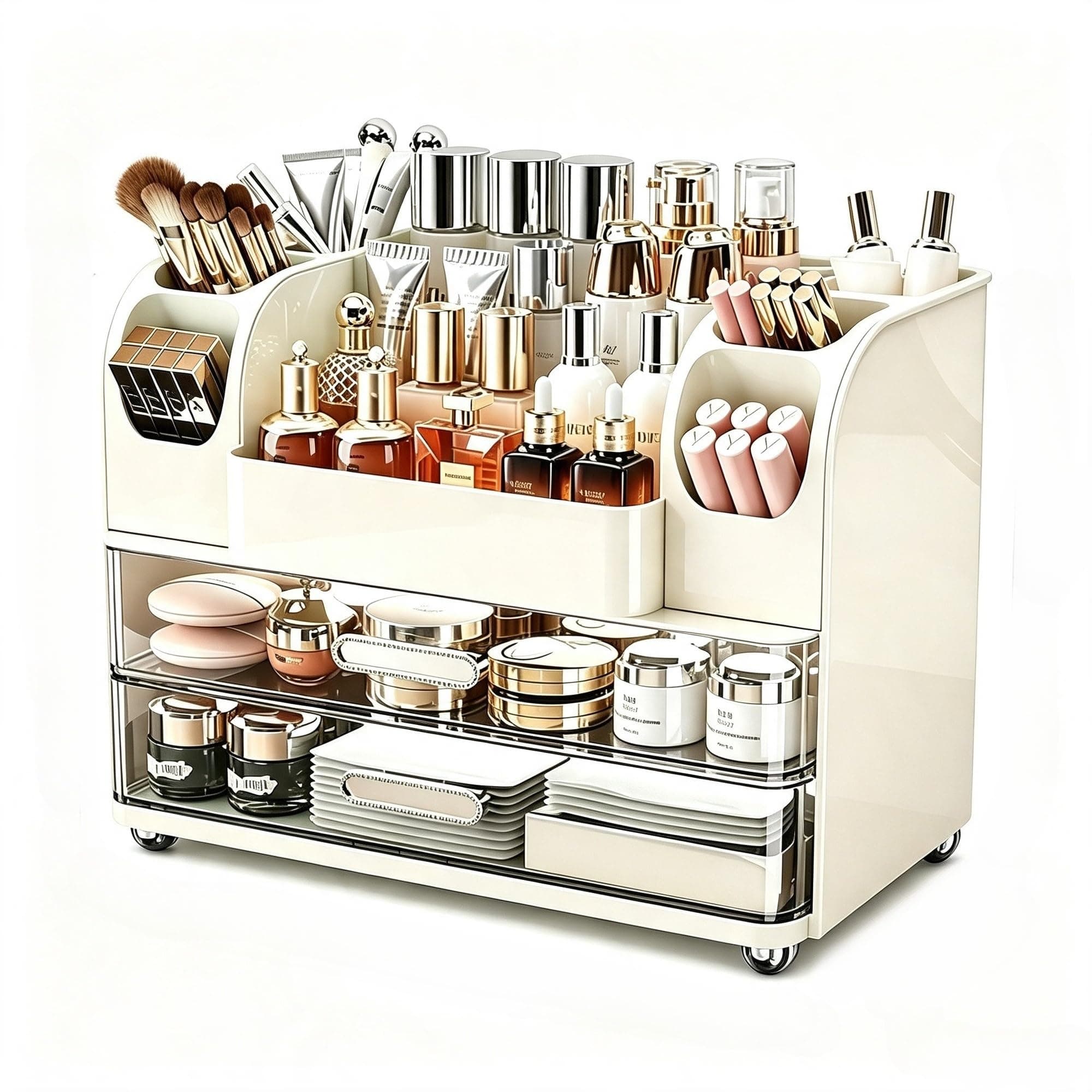 TIRUSS Makeup Organizer with Drawers for Vanity,Bathroom Countertop Organizer with Brushes Holder,Skincare Storage Organizer for Lipsticks,Nail Polishes, Perfumes,Eyeshadow Palettes (Cream)