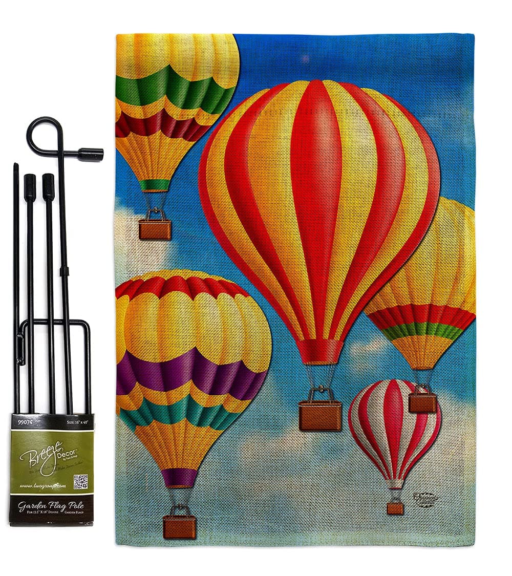 Hot Air Balloon Mass Burlap Garden Flag - Set with Stand Summer Fun Sun Beach Pool Luau Tropical Party Season Outdoor Summertime Sunny - House Banner Small Yard Gift Double-Sided Made USA 13 X 18.5