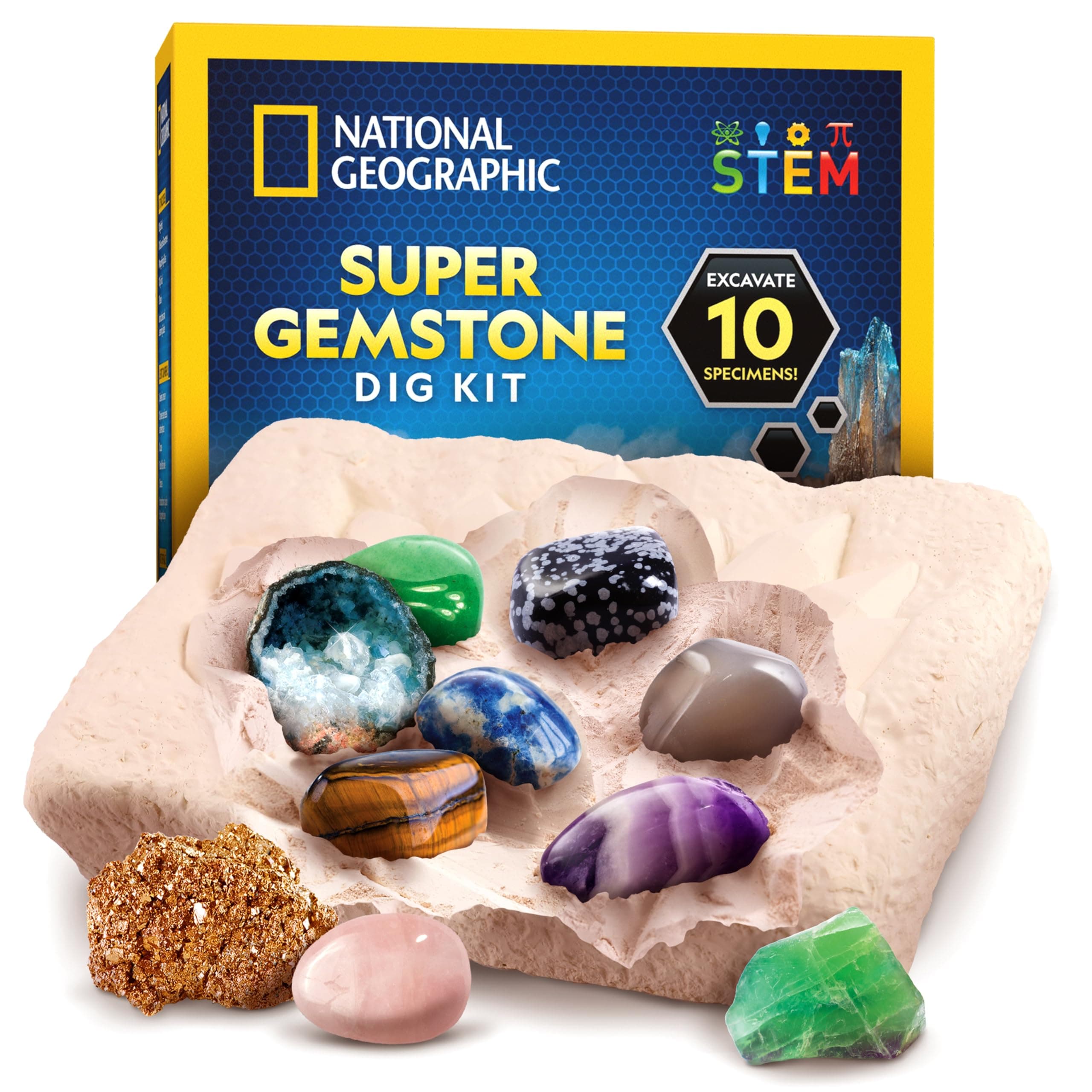 National Geographic Gemstone Dig Kit with 10 Real Gems for Kids 8-10