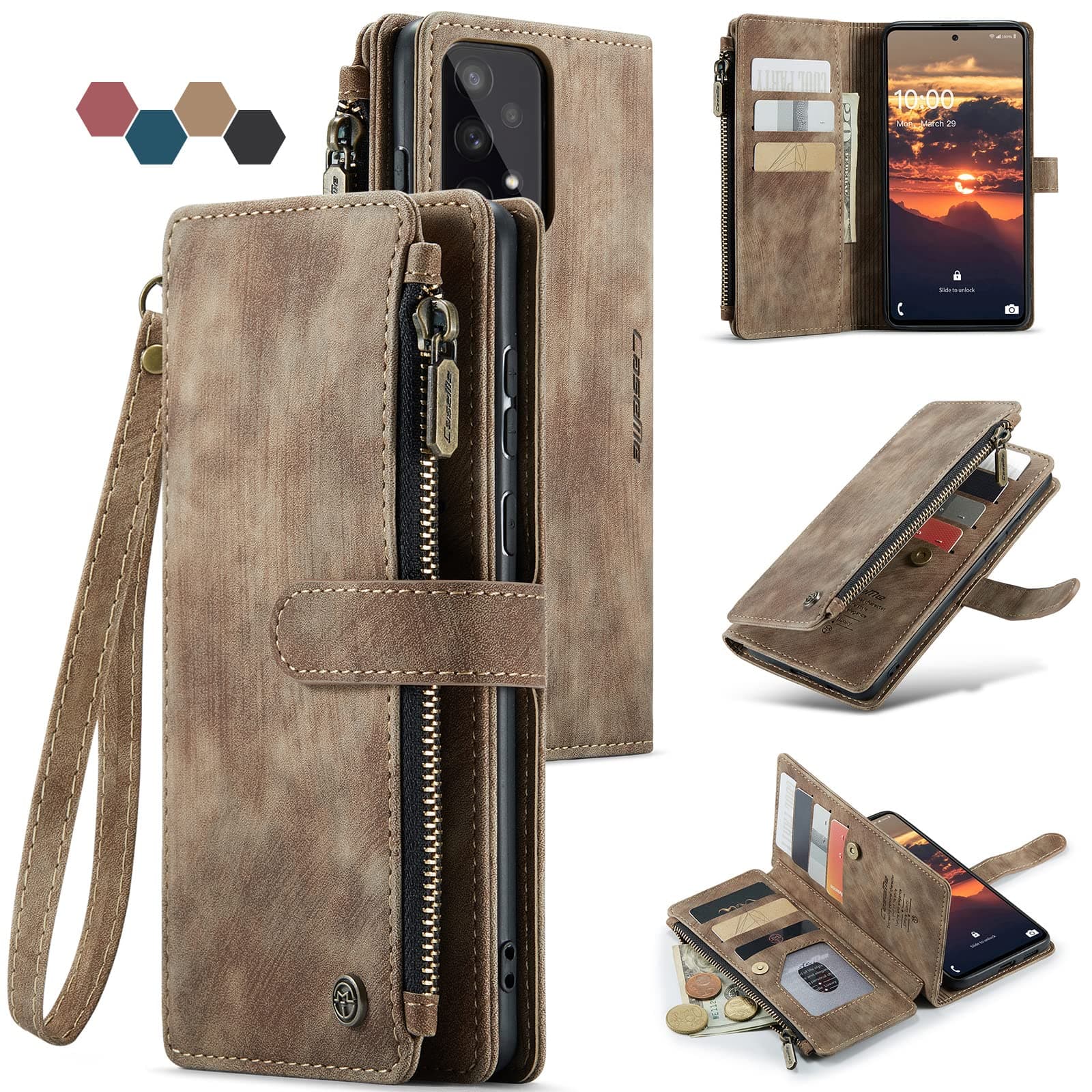 Lxisxcna Compatible with Samsung Galaxy A53 Wallet Case with Card Holder Kickstand Magnetic Zipper Folio Lanyard Strap Wristlet,Flip Case Wallet for Galaxy A53 5G 6.5 Inch (Brown)