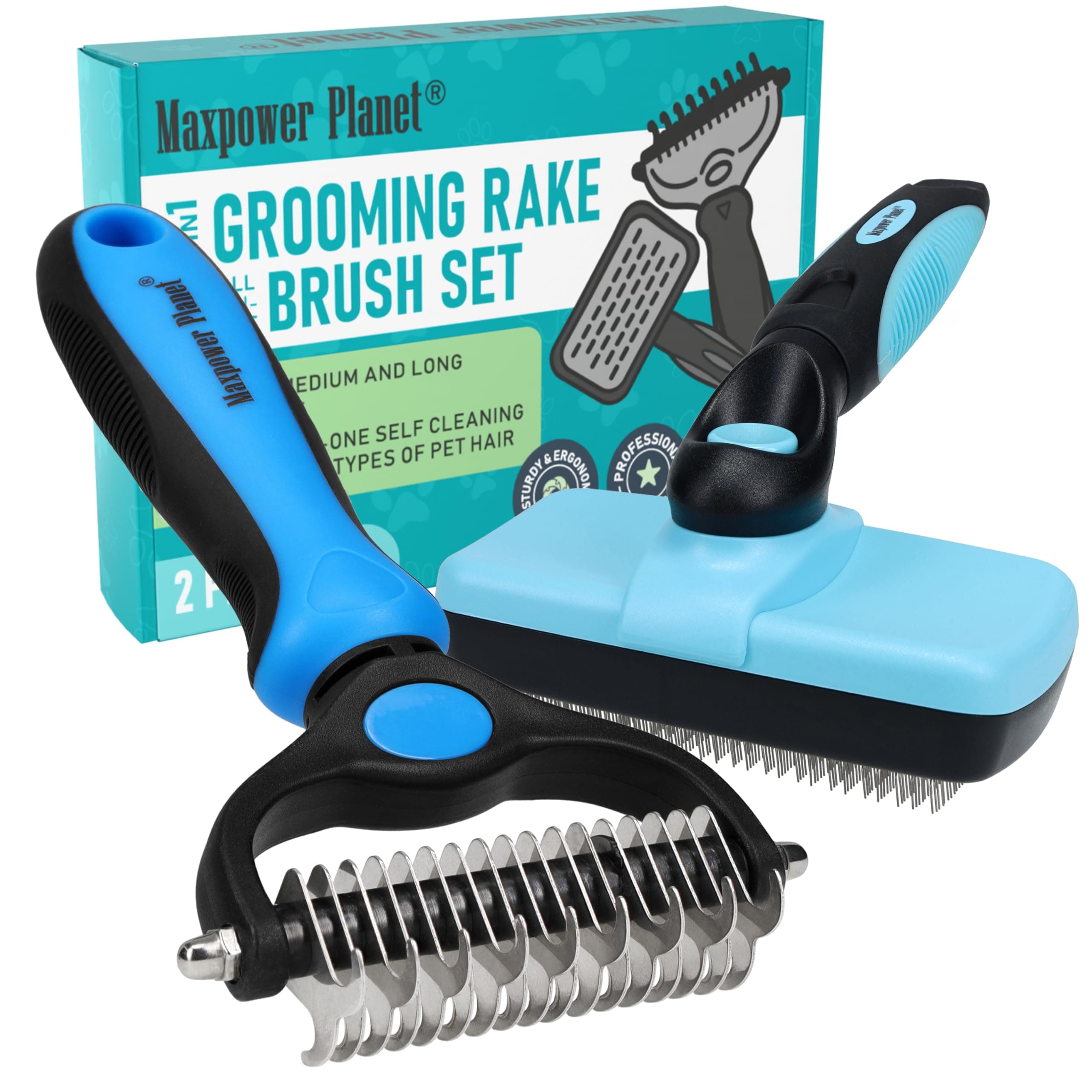 Maxpower Planet Pet Grooming Brush - Double Sided Shedding, Dematting (A - Rake and Brush, Large)