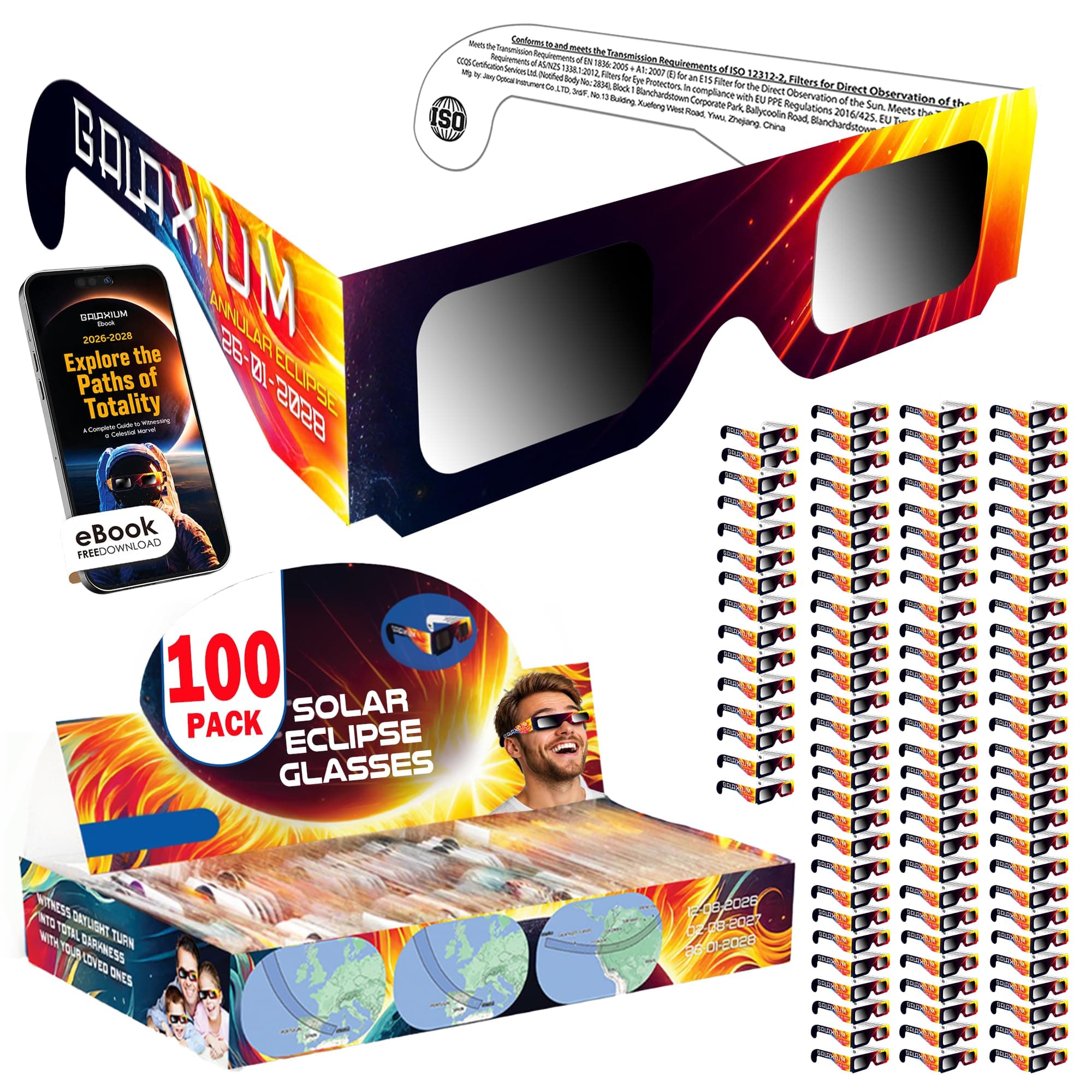 Galaxium 100 Pack Solar Eclipse Glasses 2026 ISO 12312-2 Certified | Trusted for Direct Solar Eclipse Viewing | ISO Certified Solar Eclipse Glasses