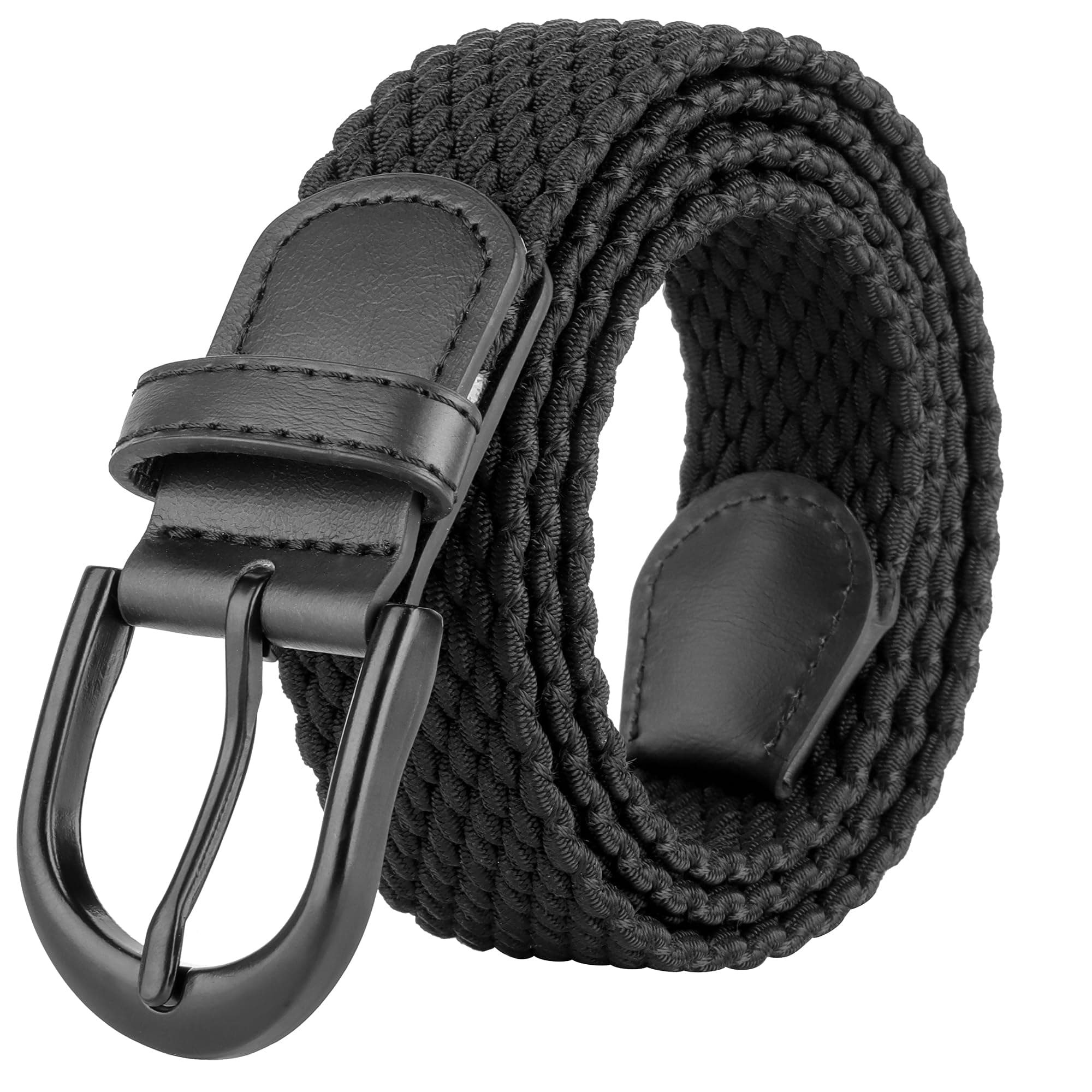 Mile High Life | Braided Stretch Elastic Belts | Pin Oval Solid Black Belt Buckle | PU Loop End Tip Men/Women/Junior(Black Z, Small)