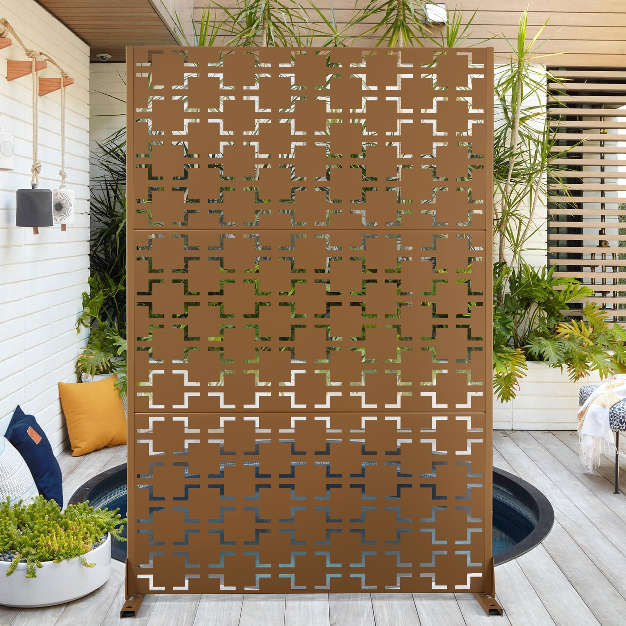Elevens Metal Outdoor Privacy Screen, Freestanding Outdoor Divider Decorative Privacy Fence Screen, Fence Panels for Balcony Patio,76" H×47" W (Brown-Quadra)
