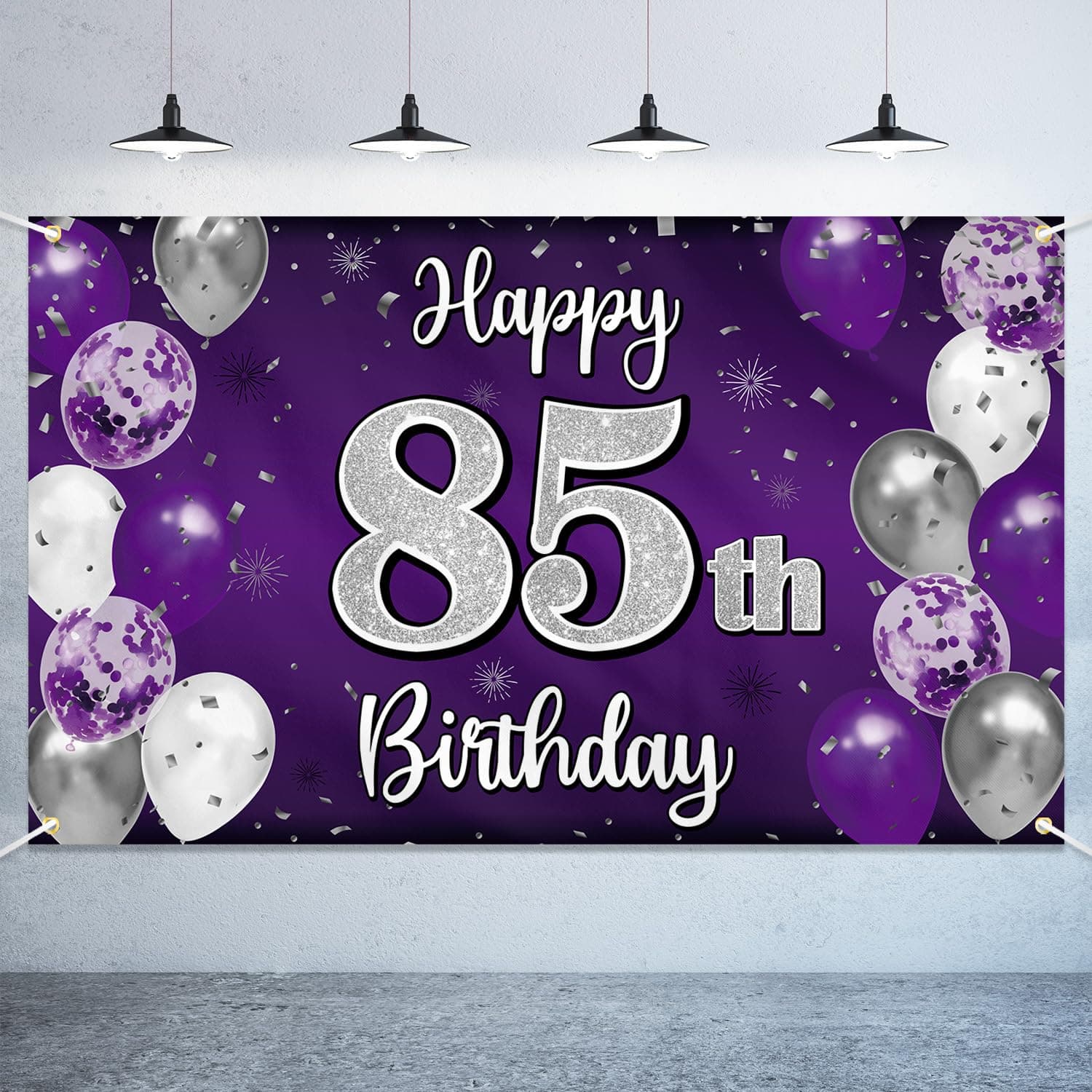 Nelbiirth Happy 85th Birthday Decorations,85th Purple & Silver Large Birthday Banner Backdrop Sign,Cheers to 85 Years Old Bday Party Supplies.