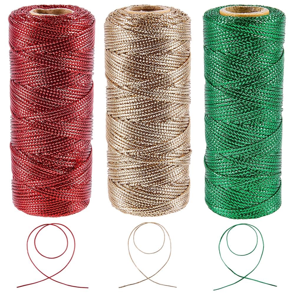 CRASPIRE 3 Rolls 3 Colors Metallic Bakers Twine 110 Yards 1.5mm Decorative String Christmas Red Green Rosegold Polyester Bakers Twine String for Gift Wrapping Ornament Holiday Presents Home Decor