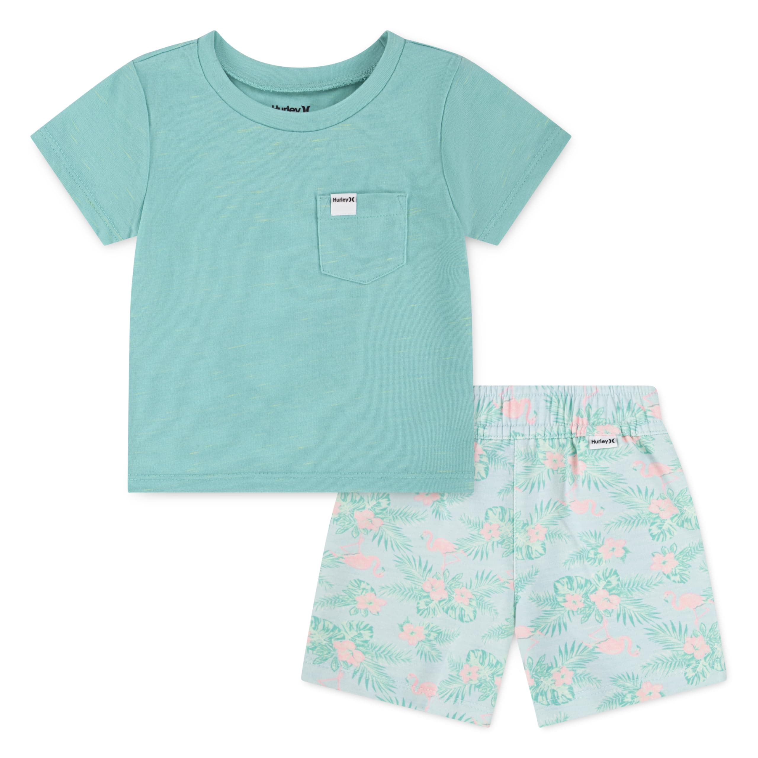 Hurley Baby-Boys And Toddler Boys' Soft Basic Cloud Slub T-shirt and Shorts 2-piece Outfit Set, Blue Ice/Flamingo, 5