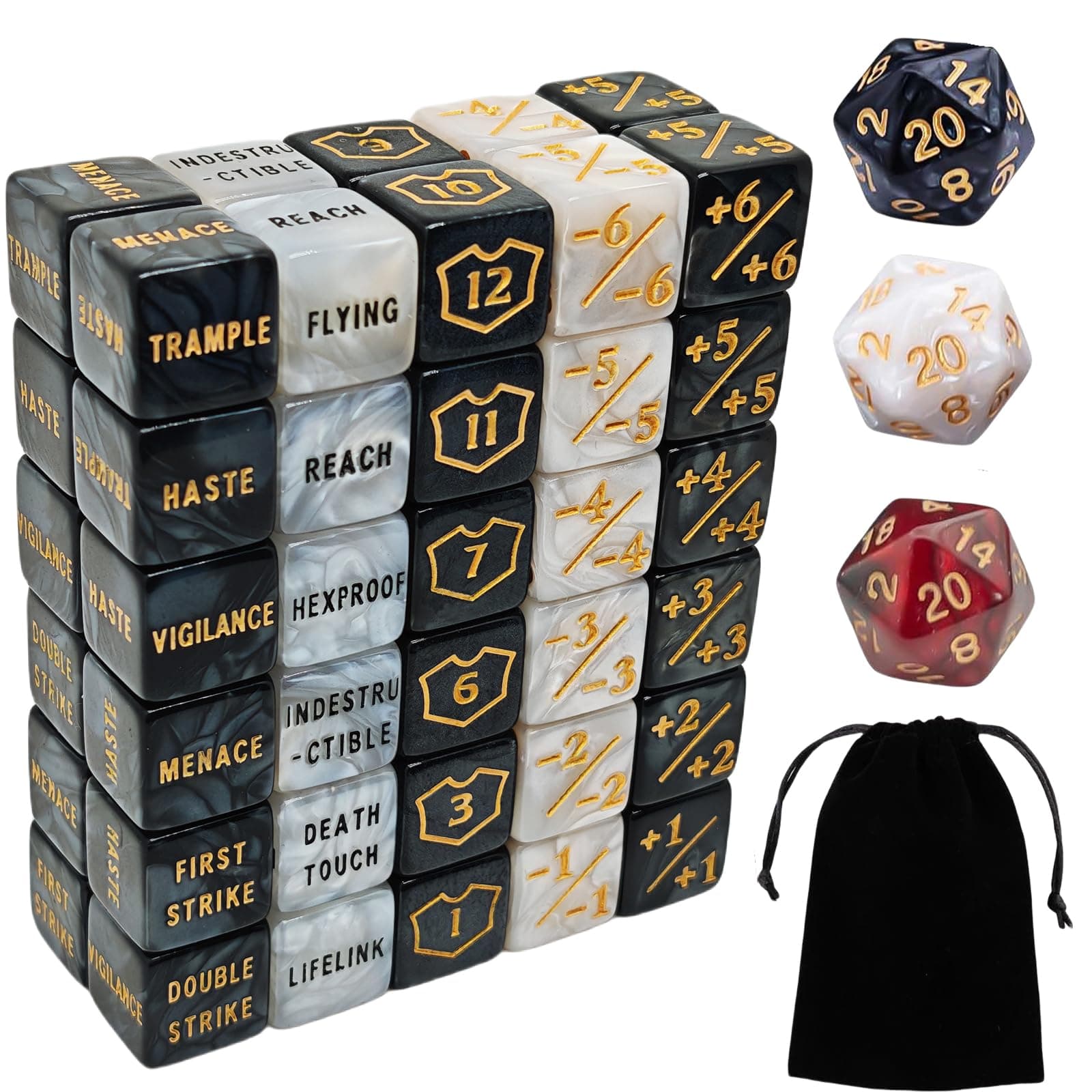63 PCS MTG Counter Dice Set - AbilityKeyword Counters, -1/+1 Life, Shield Life Counter Dice, Creature Stat Buffs, Marble Colour D6 Cube Dice, for MTG, TCG, Card Games (Includes Black Bag)