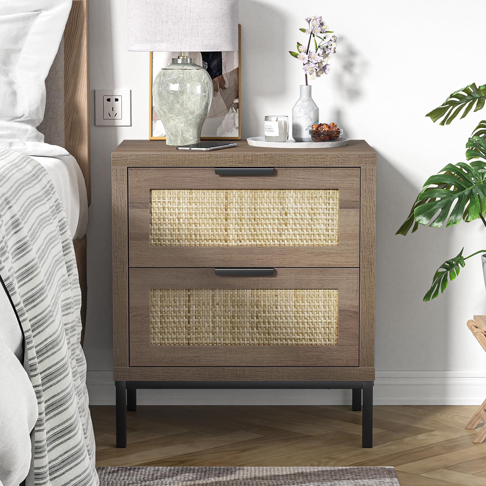 Anmytek Modern Farmhouse End Table Modern Nightstand with 2 Drawers Wood Bedside Table Storage Cabinet for Bedroom Rattan Night Stand
