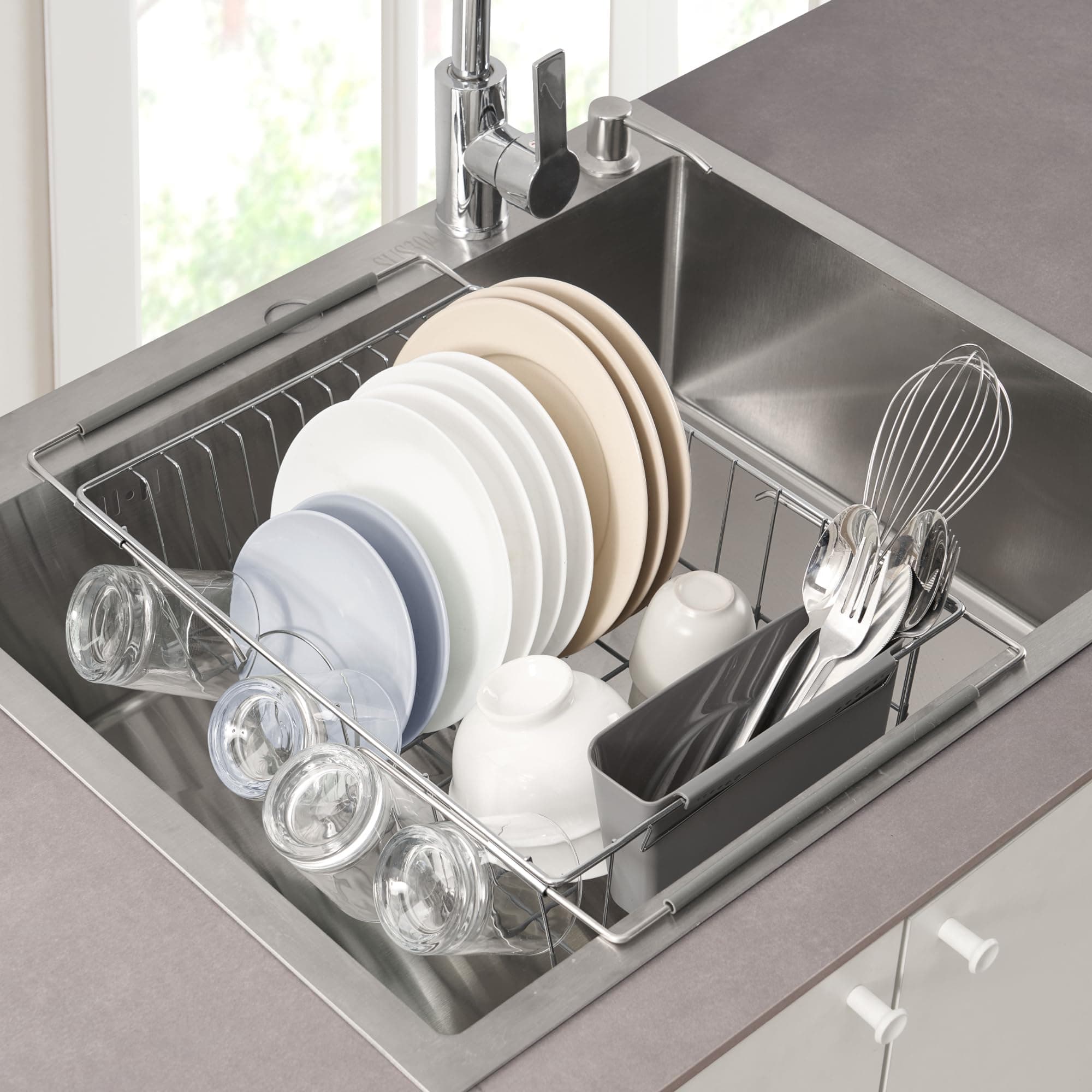 Dish Drying Rack Over The Sink Expandable to 24.5" Dish Drainer — Space-Saving Rectangular Kitchen Extending Drying Station with Utensil Holder, Fits Most Sinks for Easy Dish Organization, Gray