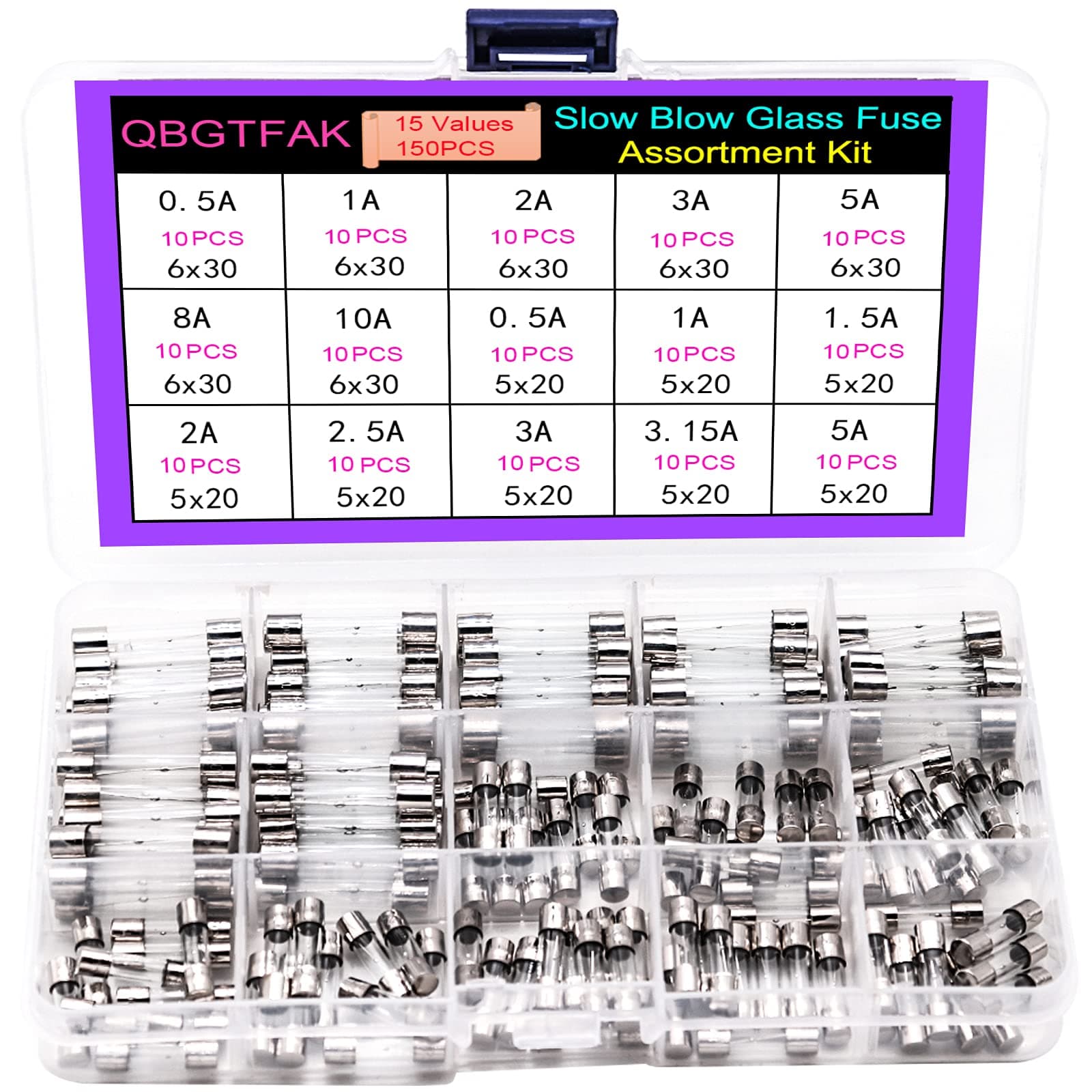 QBGTFAK 15 Values150pcs Slow Blow Glass Fuses Assorted Kit 6x30mm, 250V 0.5A, 1A, 2A, 3A, 5A, 8A, 10A, 5x20mm, 250V 0.5A, 1A, 1.5A, 2A, 2.5A, 3A, 3.15A, 5A, packag in a Clear Plastic Box
