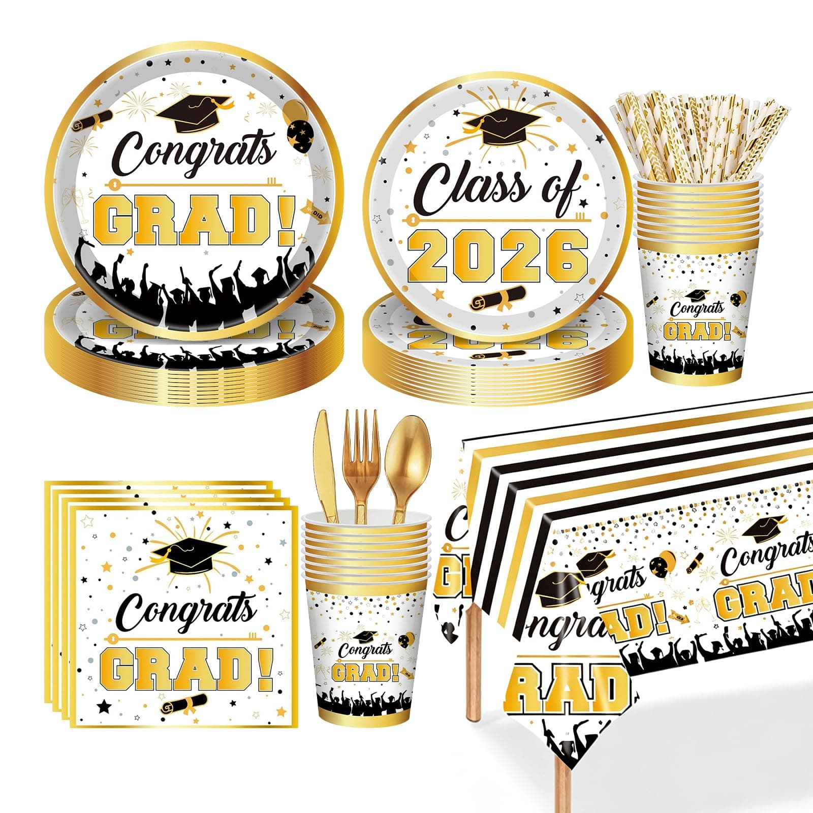 YYBD 170Pcs 2026 Graduation Tableware Set Gold Decoration Congrats Grad Tablecloth Class of 2026 Disposable Paper Plate Napkin Cup Plastic Fork Knife Spoon for School Graduation Dinnerware, Serve 24