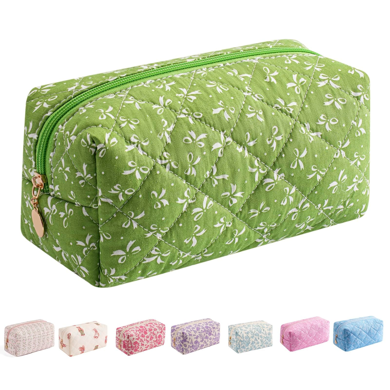 WHHJM Cute Floral Makeup Bag Small Cotton Quilted Cosmetic Bag, Aesthetic Essential Bag Emergency Bag Gift for Women Girls Travel Accessories, Green