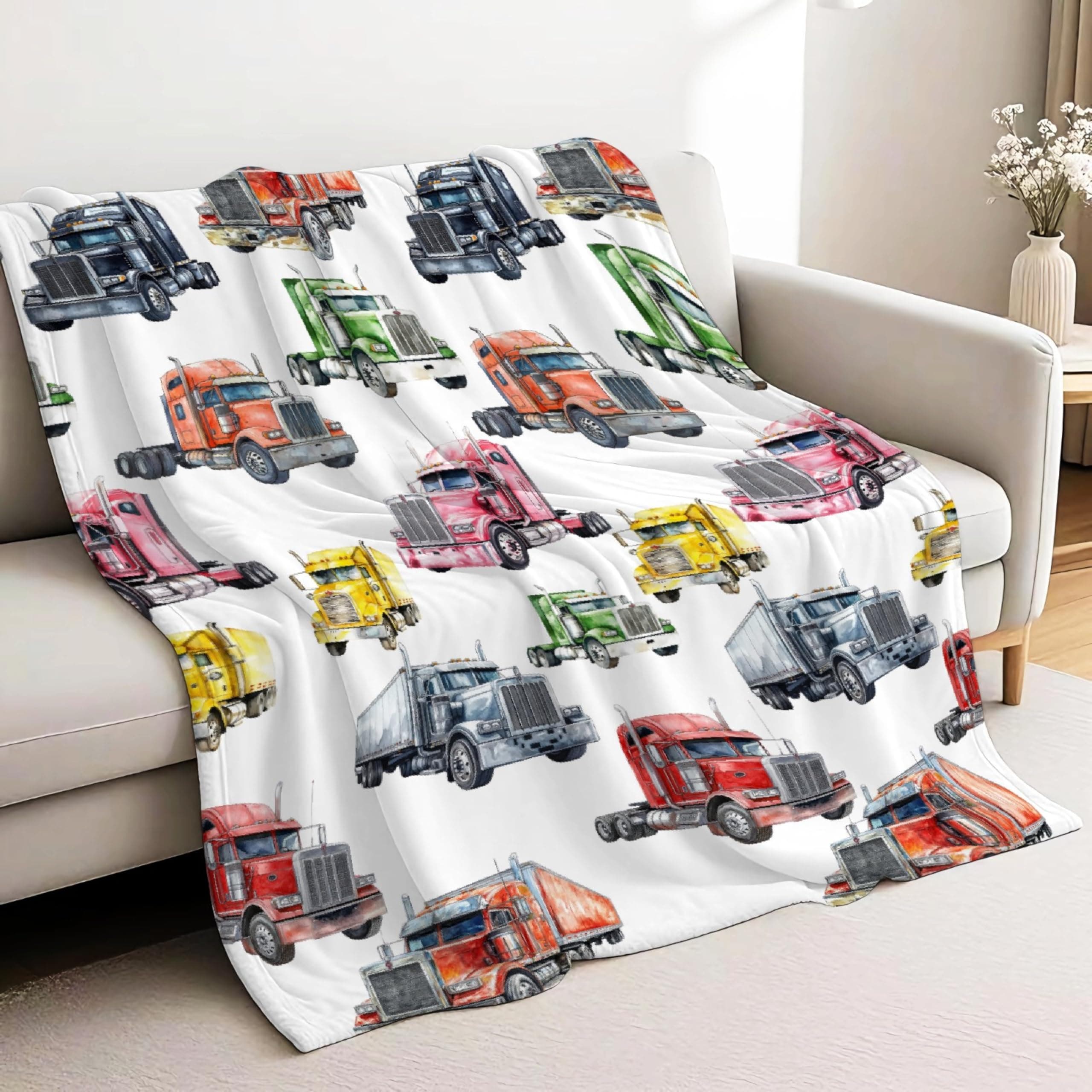 Semi Truck Blanket for Kids, 50"x40"Colorful Trucker Trucks Plush Construction Throw Blanket for Newborn Toddler Crib, Tractor Receiving Blankets Gifts for Baby Flannel Car Sheet for Nursery Swaddle