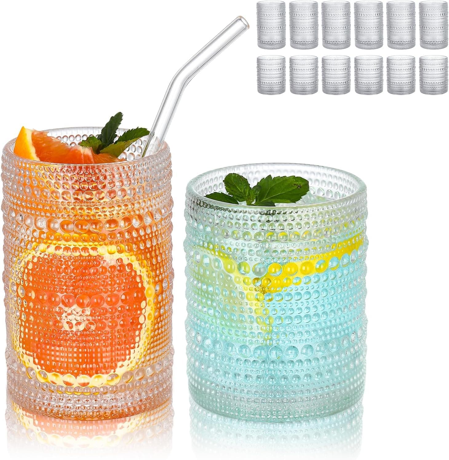 HomeVogue Hobnail Drinking Glasses Set of 6,12oz Vintage Glassware Set Cocktail Glass Set, Embossed Green Water Tumbler,for Beer, Whiskey,Juice and Various Mixed Drinks
