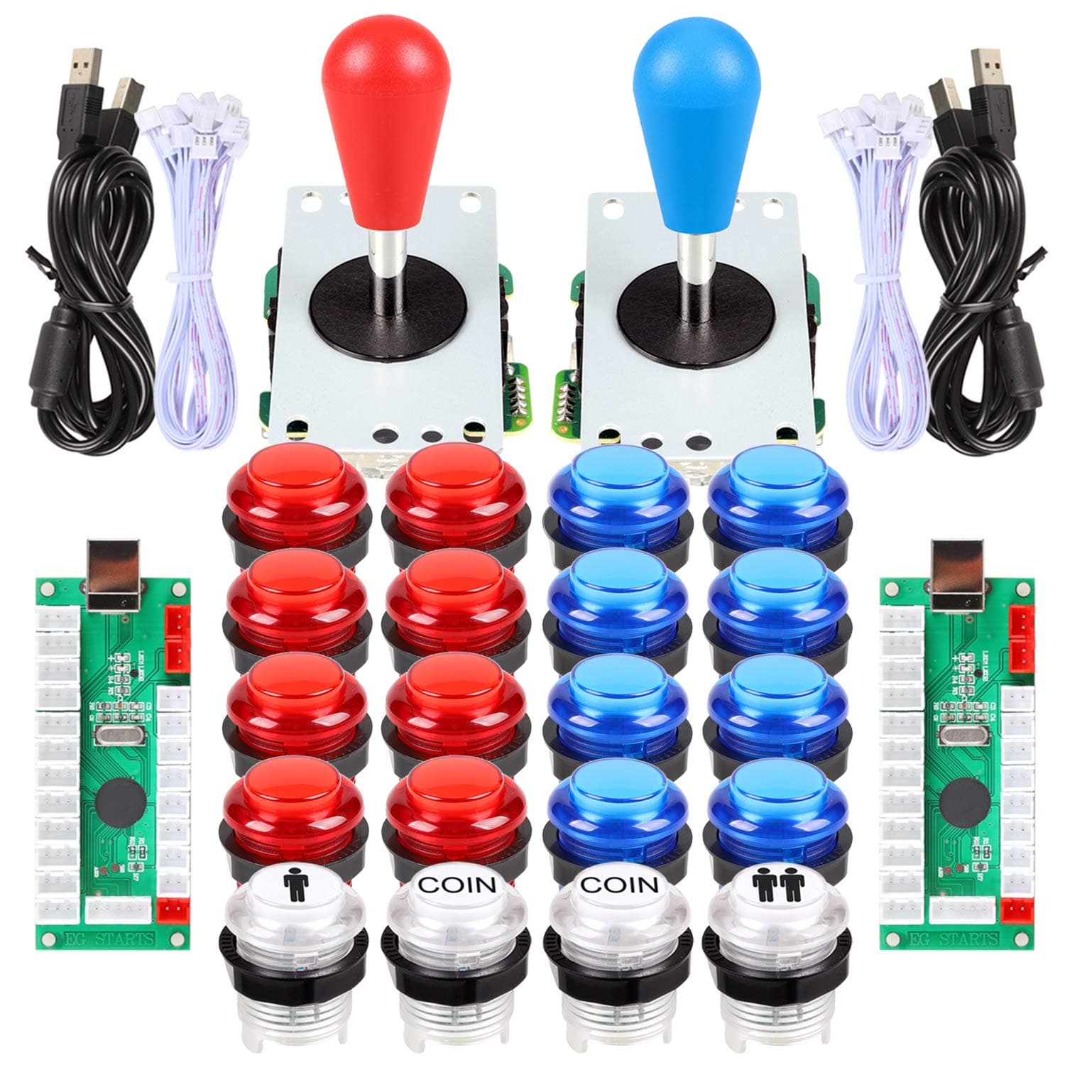 Fosiya LED Arcade Joystick Buttons Kit Ellipse Oval Style 8 Ways Joystick + 20 x LED Arcade Buttons for 2 Player Video Games Standard Controllers All Windows PC MAME Raspberry Pi Red + Blue Kits