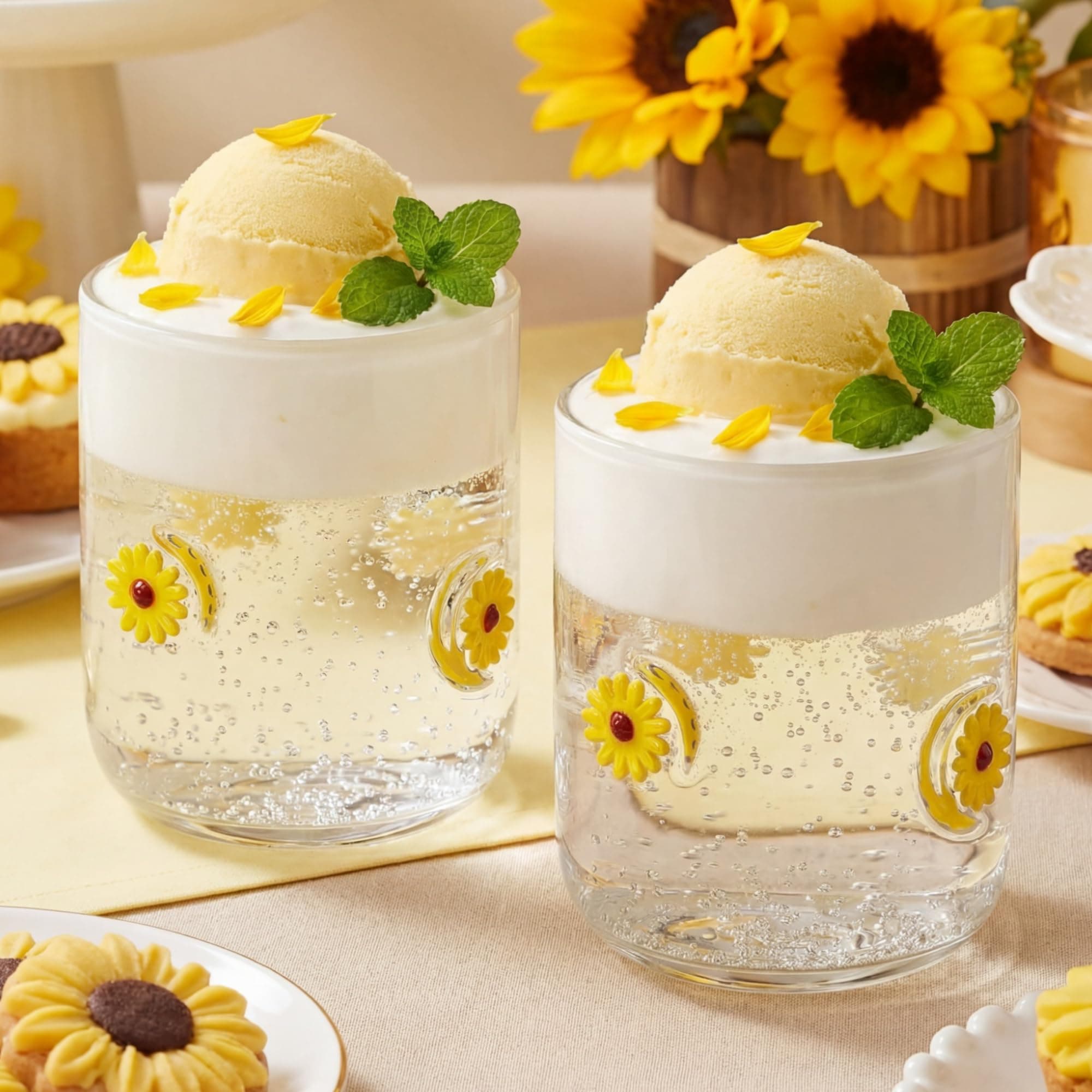 SiliFine 2 Pcs Sunflower Icon Juice Glasses - 14oz Yellow Flower Stemless Wine Drinking Coffee Glass Cup for Home Party Supplies & Gift