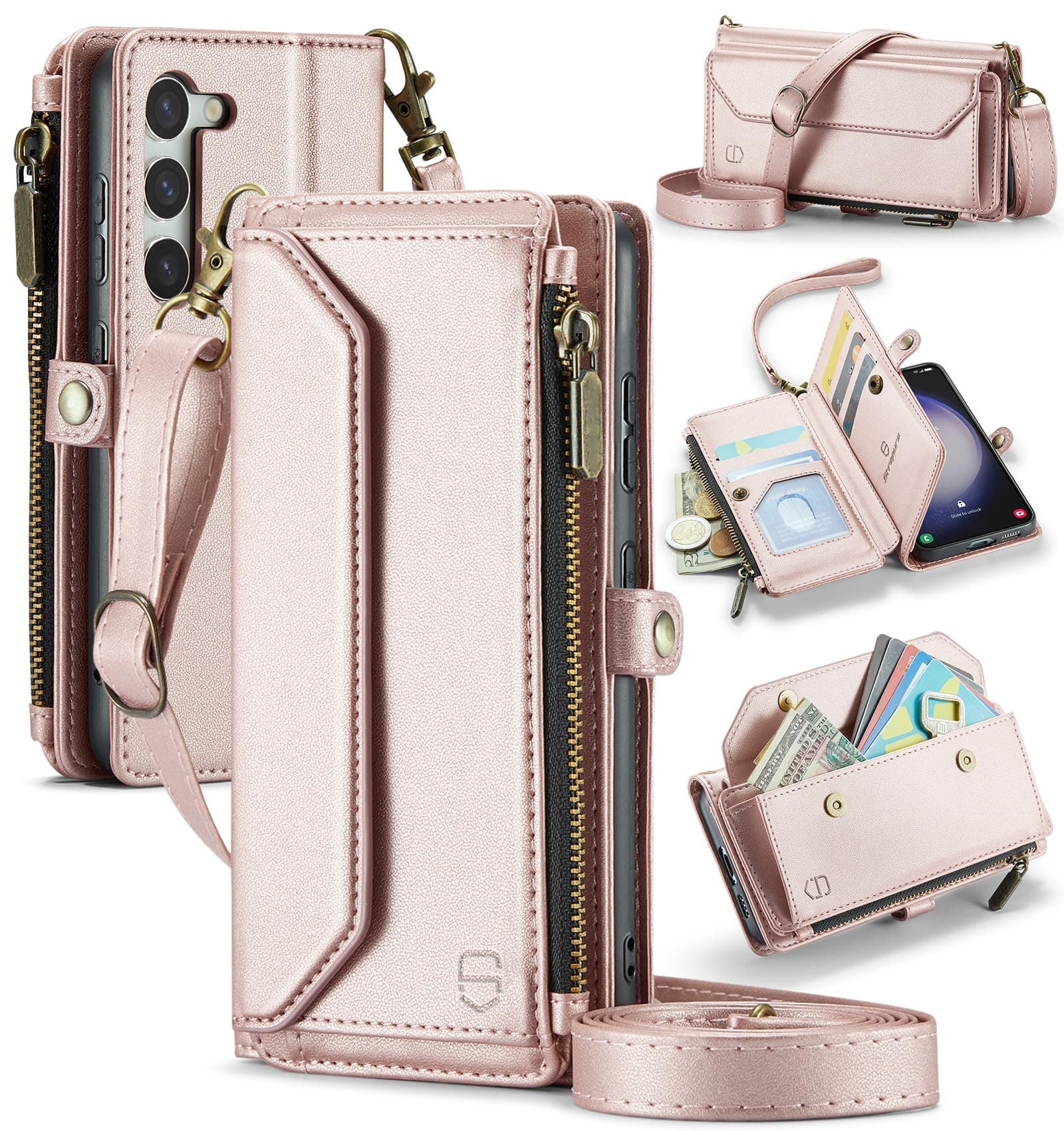 Strapurs for Samsung Galaxy S23 5G - Zipper Strap Wallet Case, Rose Gold