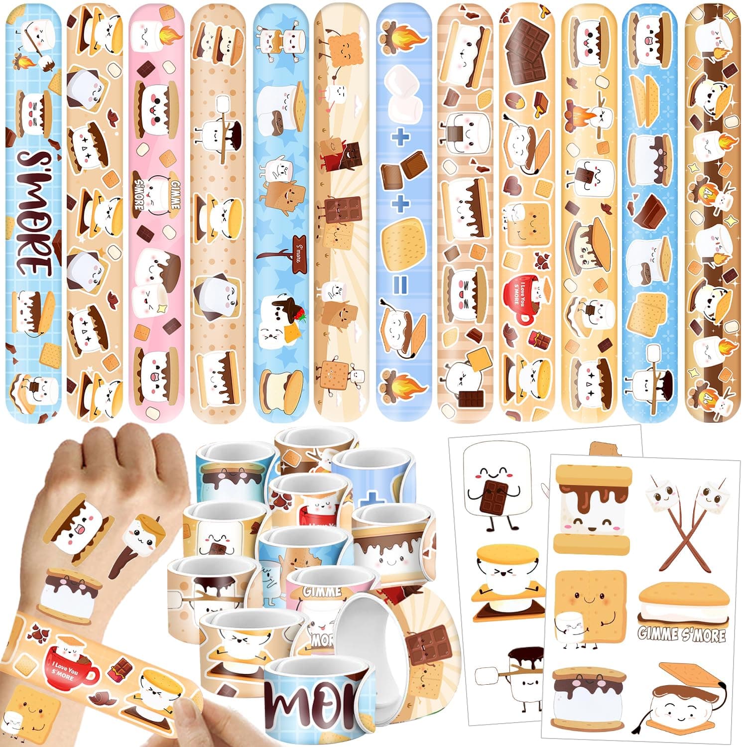 96Pcs Smores Party Favors 24PCS Smores Slap Bracelets 72PCS Smores Temporary Tattoos Camping Party Decorations Supplies Goodie Bag Fillers for Kids Classroom Prizes Gift