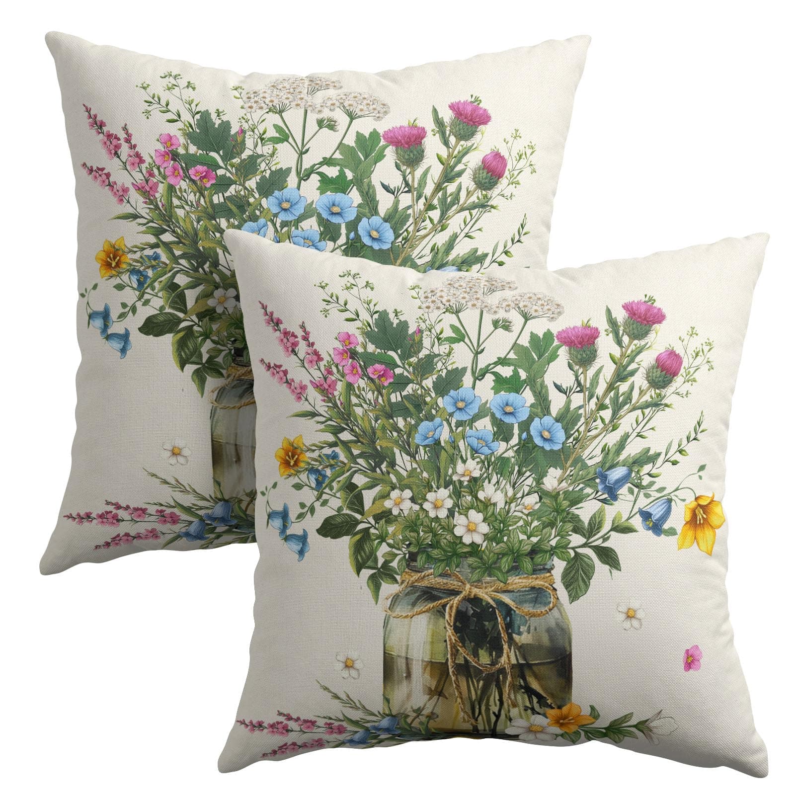 Anyako Spring Wildflower Throw Pillow Covers 18X18 Inches Set of 2 Multi Colored Daisy Flowers Mason Jar Pillowcase Soft Cotton Linen Square Spring Cushion Covers for Home Sofa Patio Bedroom