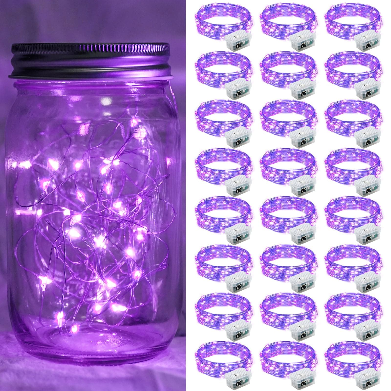 chzk 24 Pack Fairy Lights Battery Operated 7FT 20 LED Mini String Lights with 3 Lighting Modes Waterproof Twinkle Lights for Easter Halloween Christmas Mason Jars Party Decor(Purple)