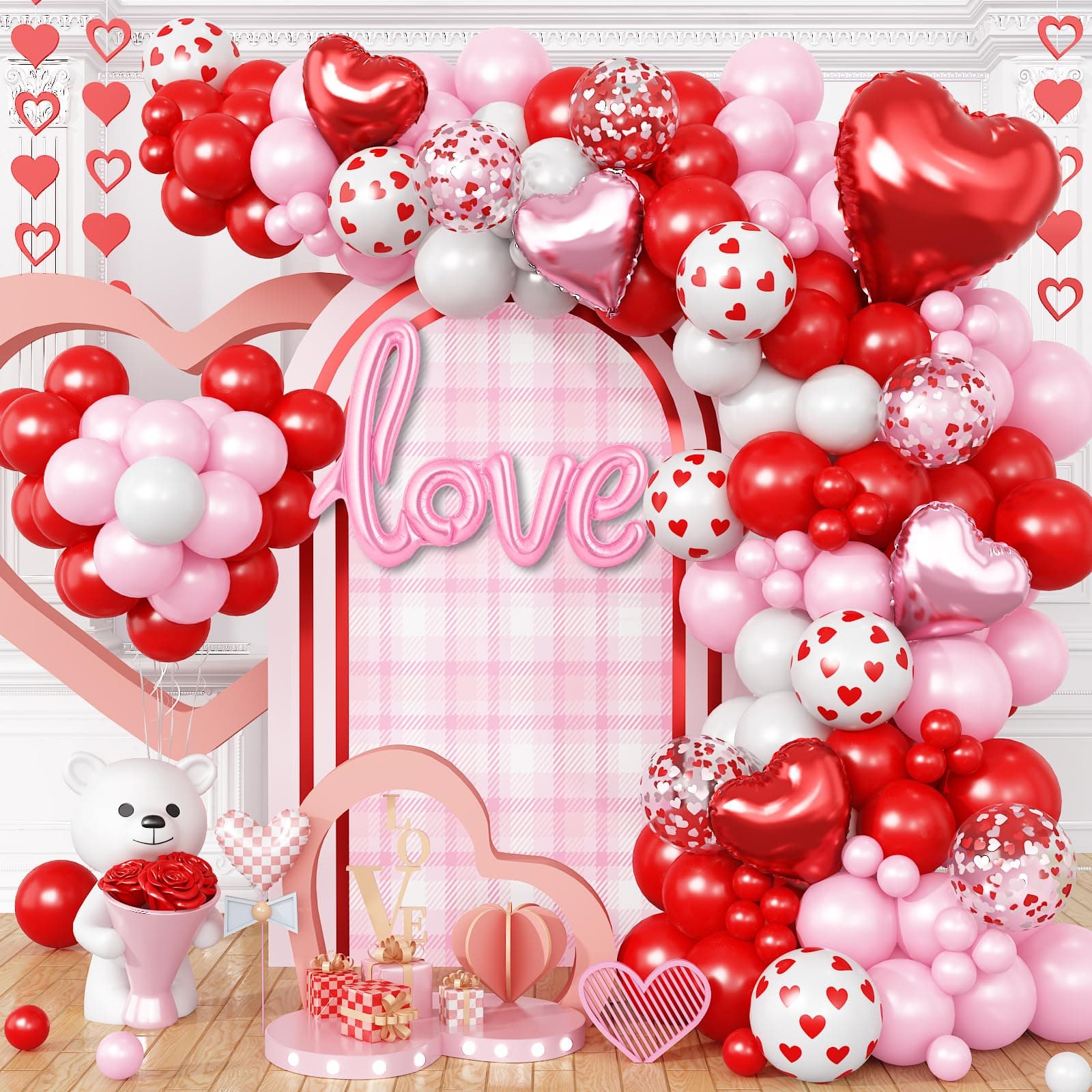 Red Heart White Pink Balloons