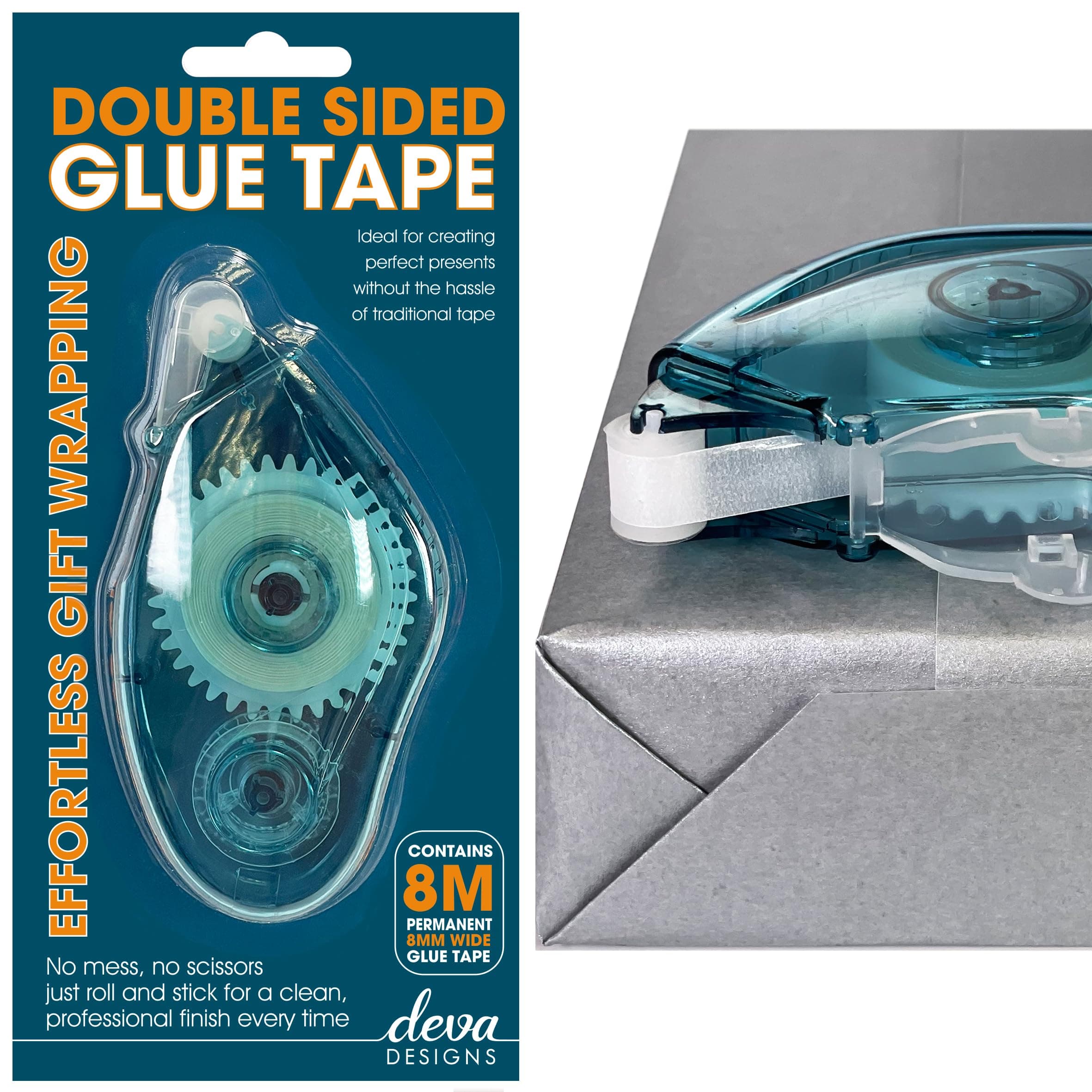 Deva Designs Double sided glue tape | Permanent transparent adhesive | Designed for effortless gift wrapping | no mess, no scissors just roll and stick for clean professional finish