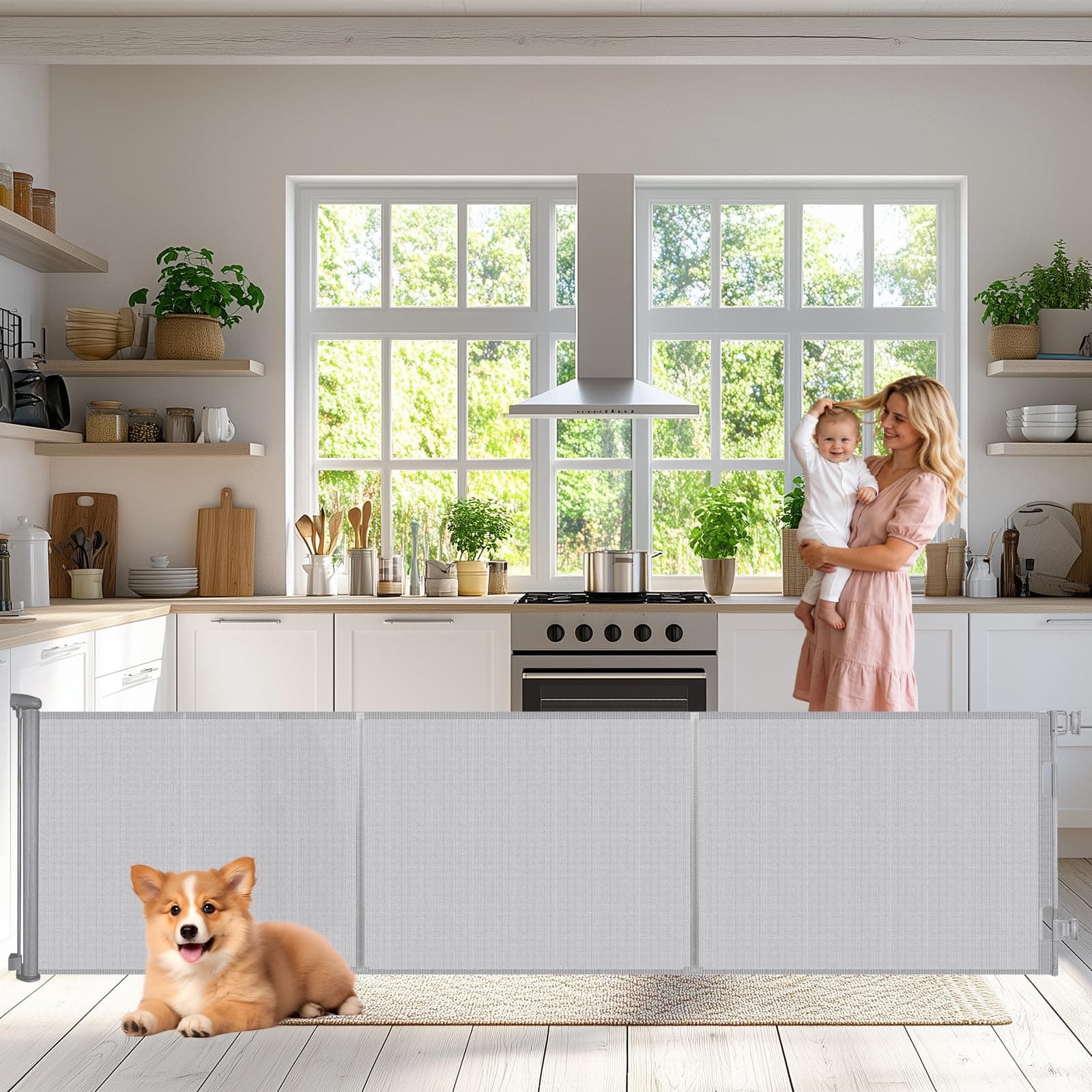 Sulishang Retractable Baby Gate 33"x118"- Safety Mesh Baby Gate/Dog Gate, 33inch Tall and Extends up to 71inch Wide for Stairs, Doorways, Hallways, Banisters Indoor and Outdoor (Grey)