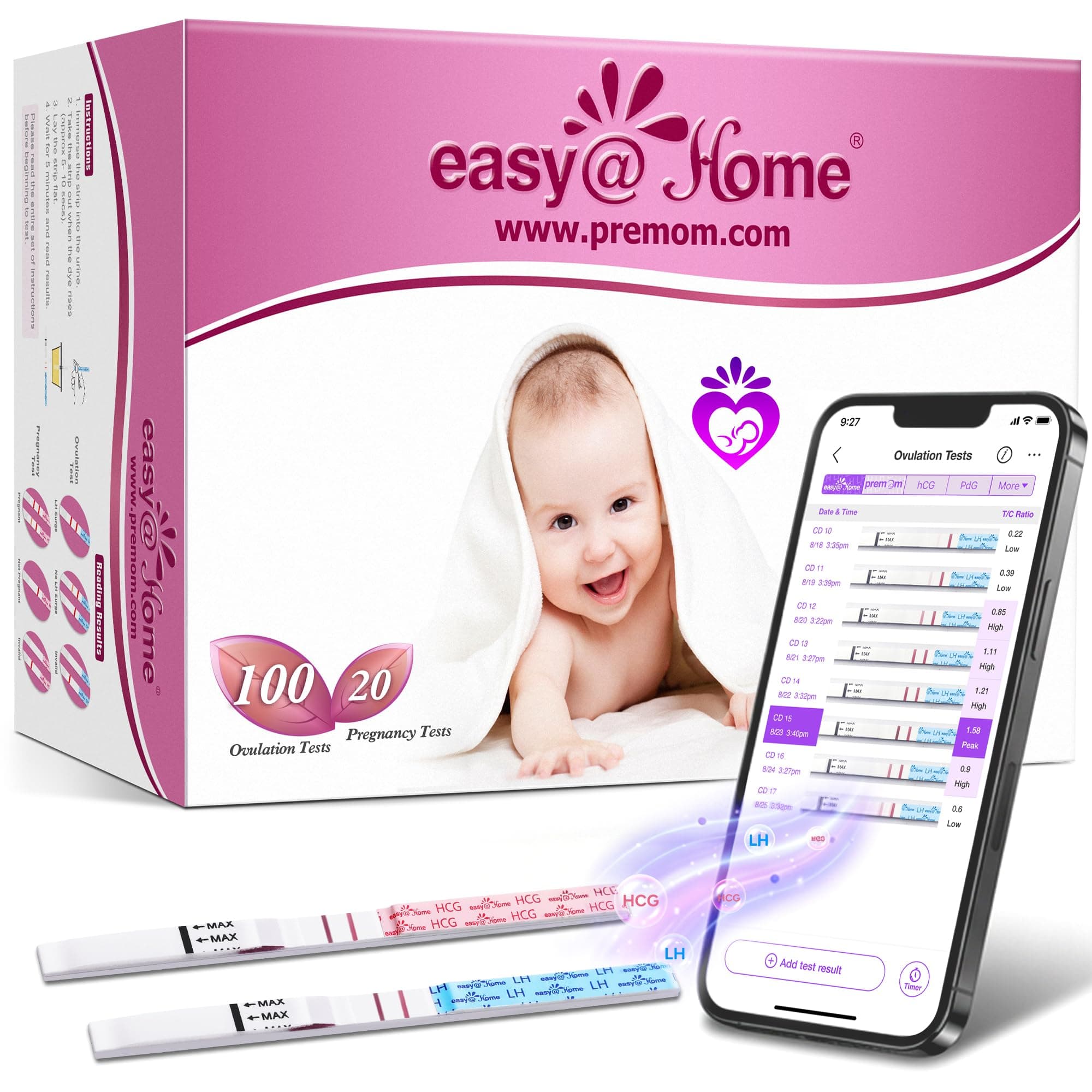 easy@Home 100 Ovulation & 20 Pregnancy Test Strips - Fertility Tracker