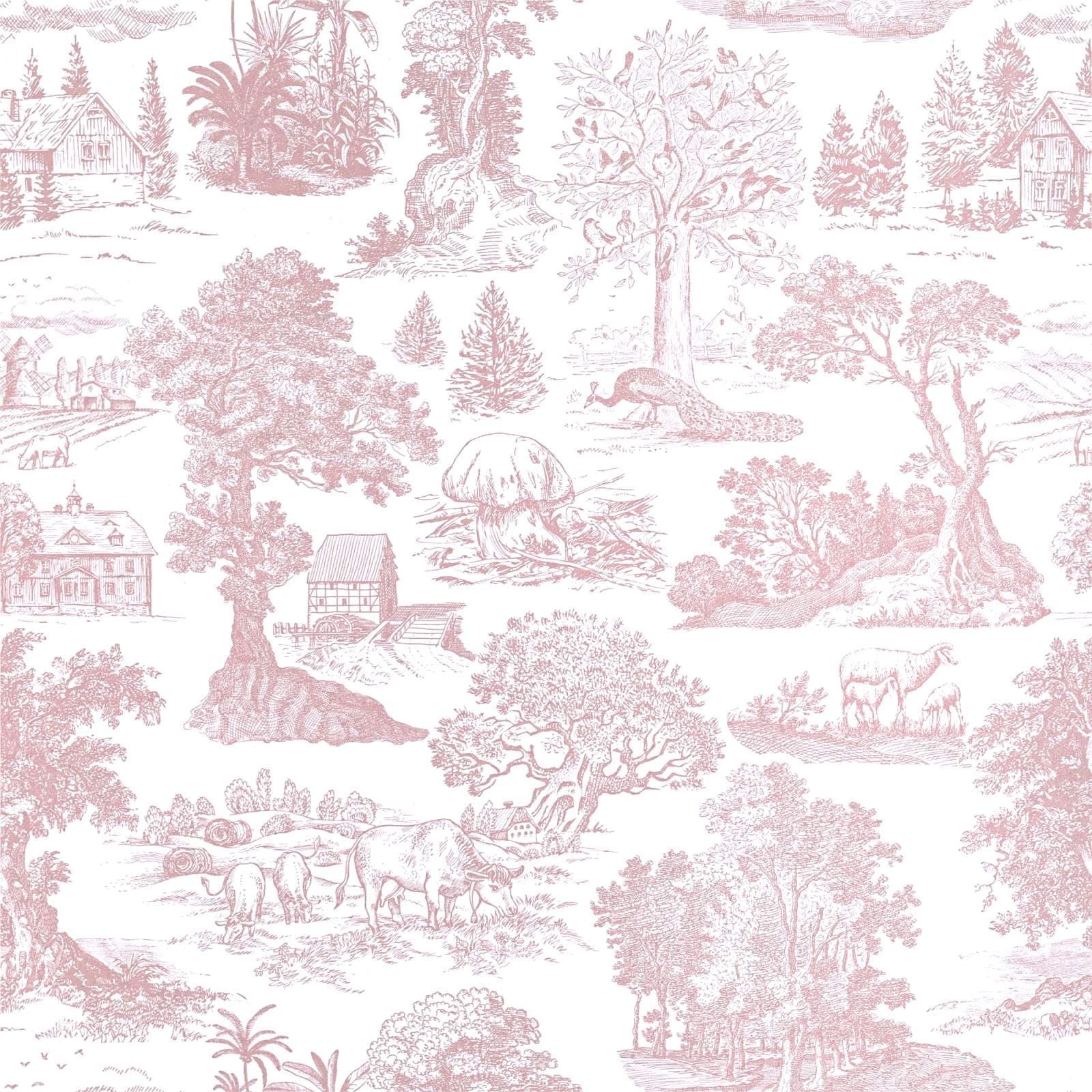 Pink Peel and Stick Wallpaper Toile Contact Paper Pink and White Wallpapers Boho Floral French Country Walls Covering Removable Self-Adhesive Vinyl Wrap for Bedroom Bathroom Cabinet 17.3" x 78.7"